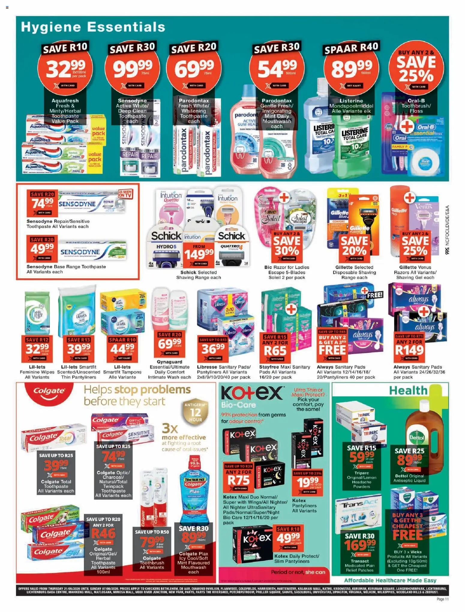 New Checkers catalogue – valid from 21.05.2026 | Page: 11 | Products: Intimate wash, TV, Mouthwash, Toothbrush