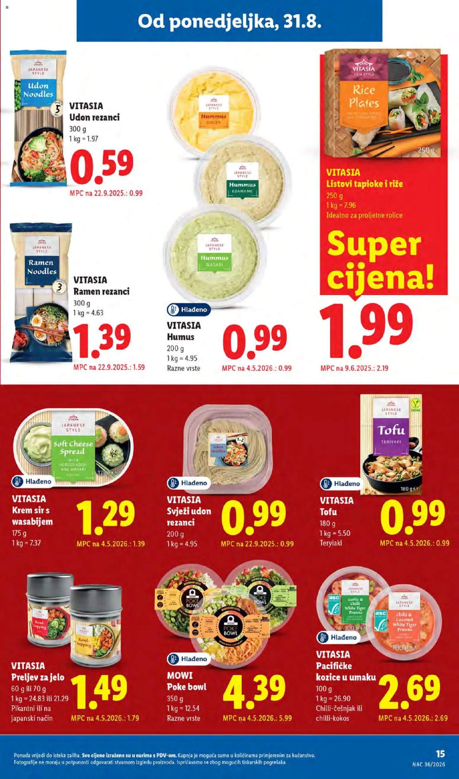 Lidl katalog | vrijedi od 31.08.2026 | Stranica: 15 | Proizvodi: Krem sir, Sir, Rezanci, Tofu