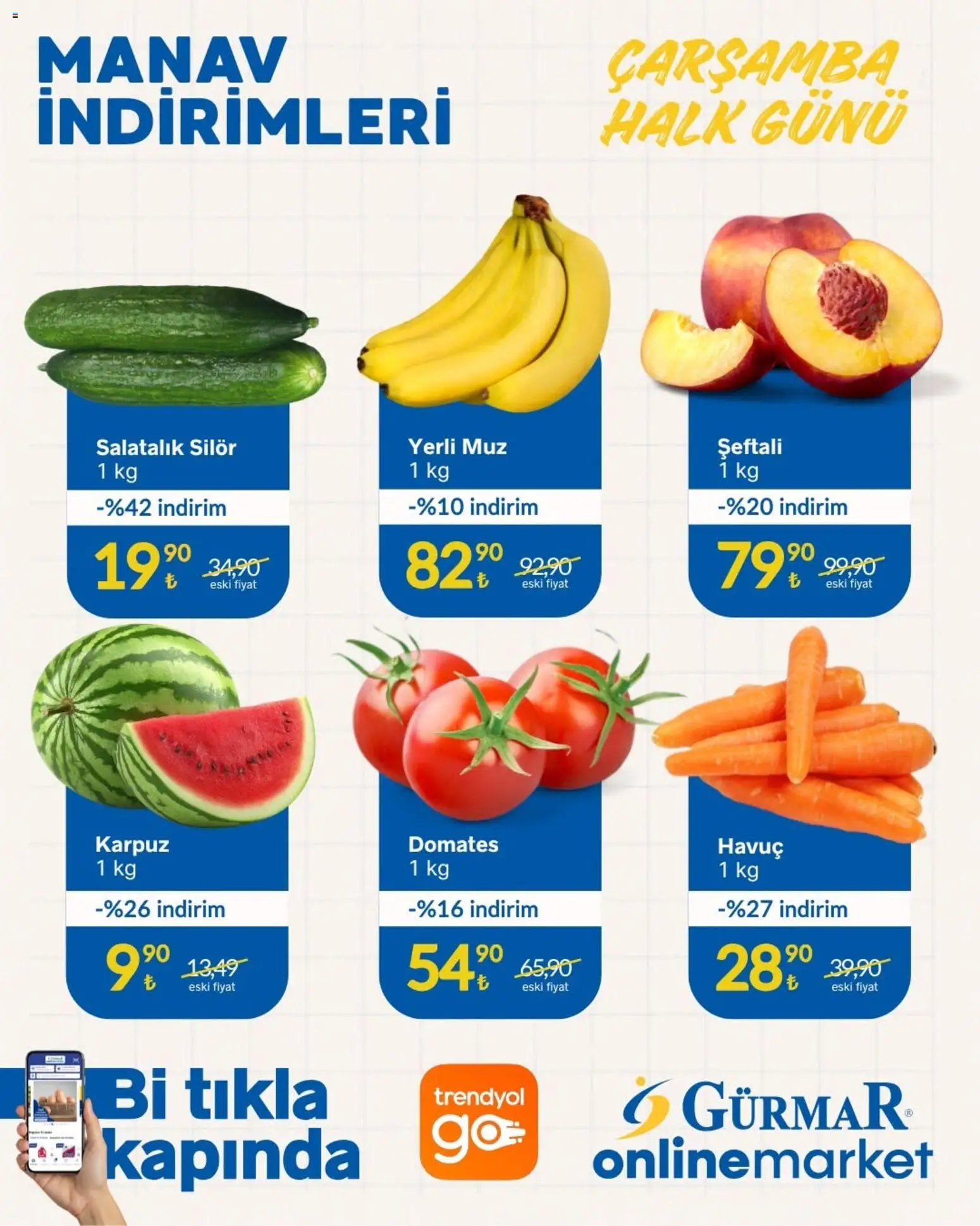 Gürmar - Manav İndirimleri - 29 Temmuz 2026 tarihinden itibaren geçerlidir | Sayfa: 1 | Ürünler: Domates, Havuç, Şeftali, Karpuz
