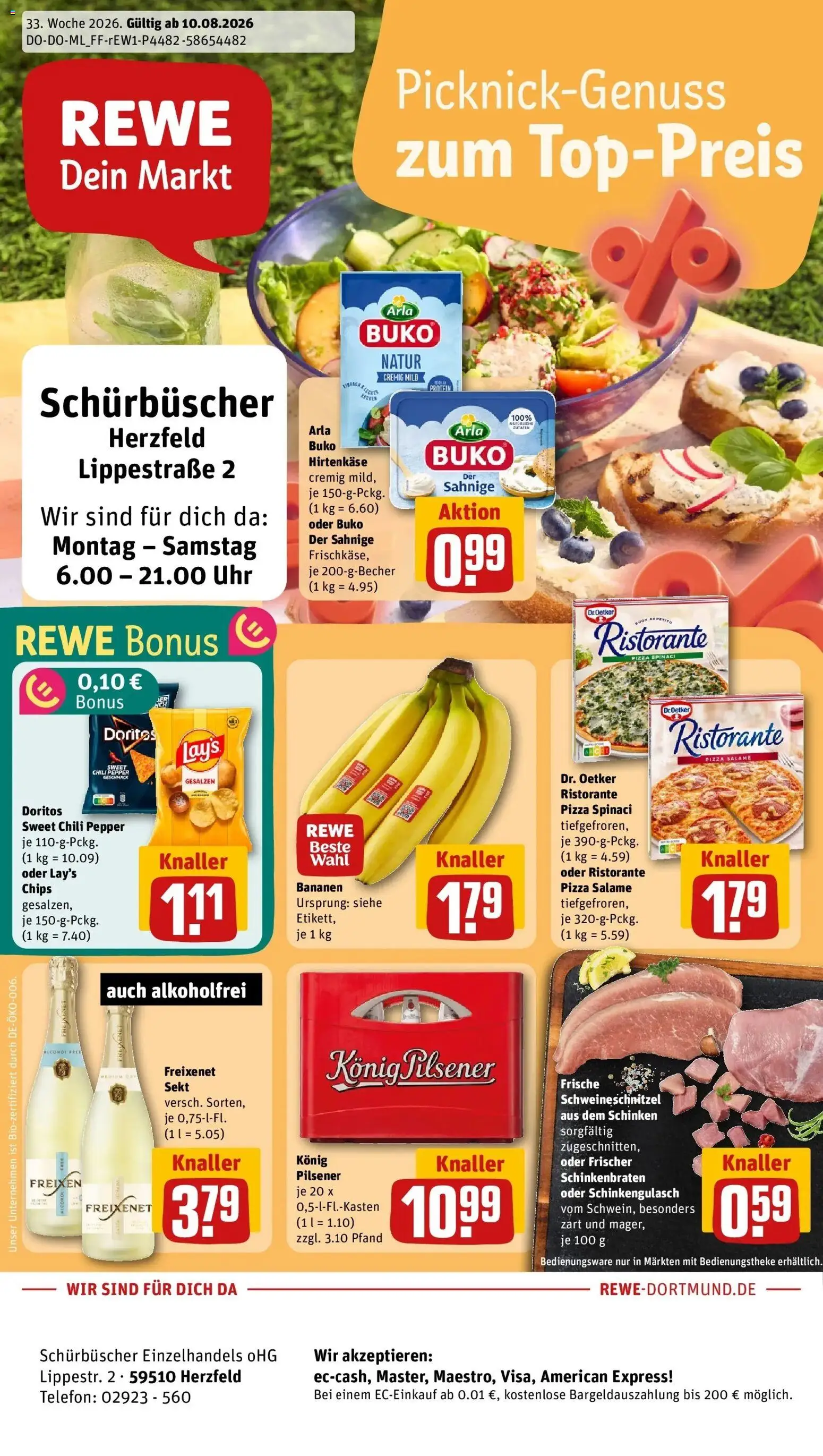 REWE Prospekt ab 10.08.2026 zum Blättern » Angebote | Seite: 1 | Produkte: Chili, Pizza, Chips, Telefon