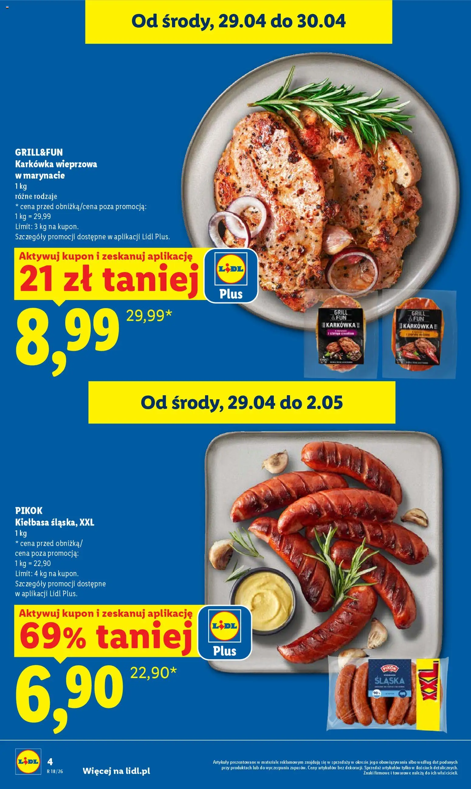 Lidl gazetka od 29.04.2026 | Strona: 4 | Produkty: Kiełbasa, Karkówka, Karkówka wieprzowa, Grill