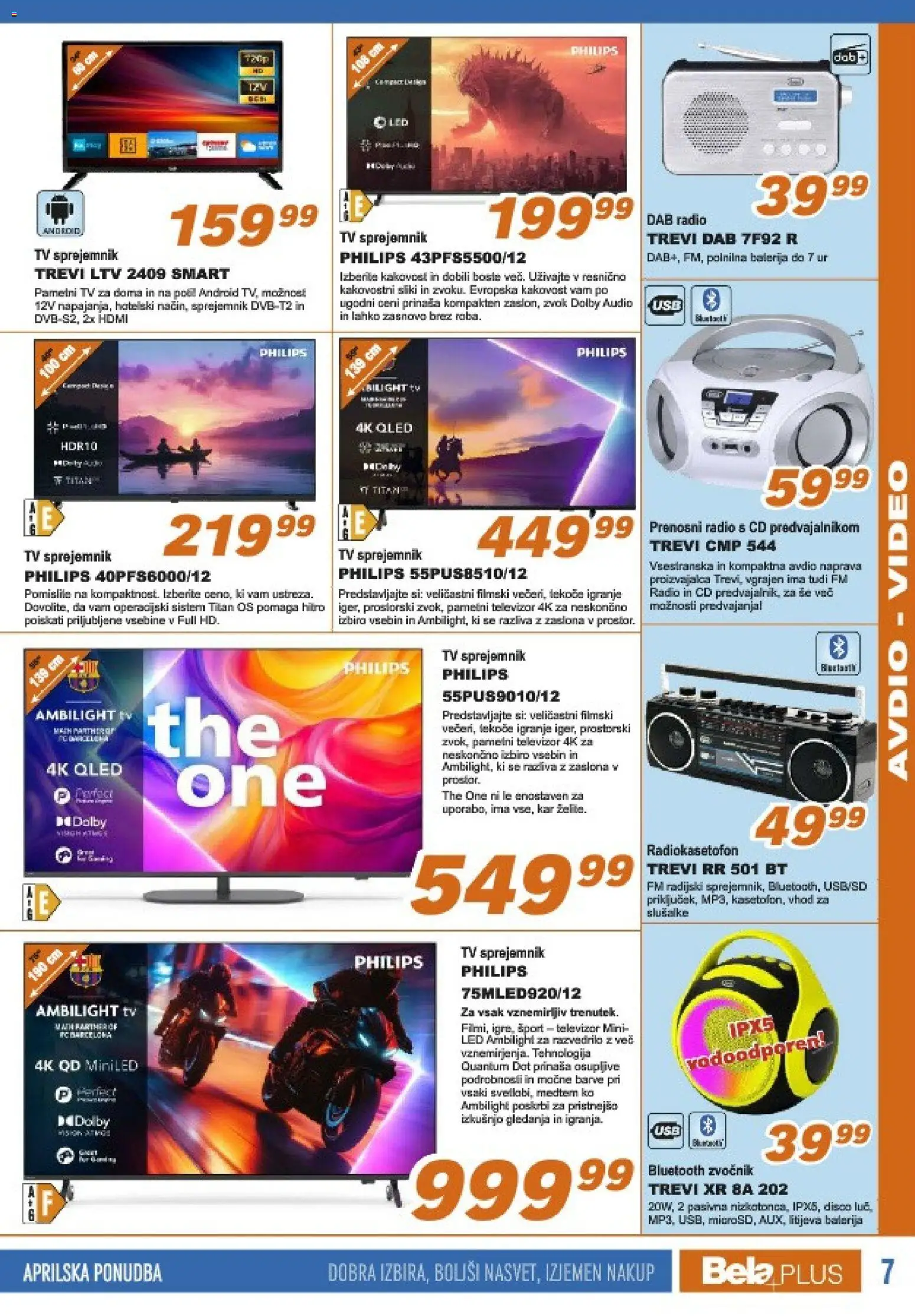 Novi Bela plus katalog ponudbe – veljaven od 16.04.2026 | Stran: 7 | Izdelki: Video, Radio, Zvocnik, Bluetooth zvočnik