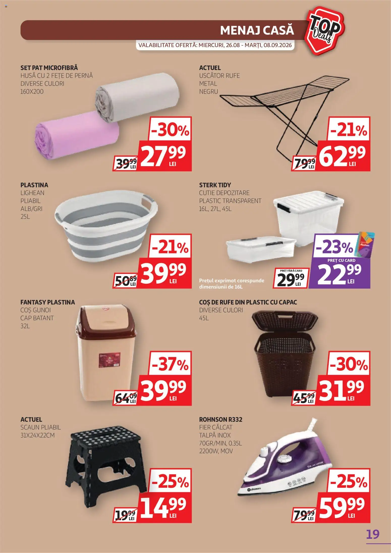 Noul catalog Auchan – valabil de la 26.08.2026 | Pagină: 19 | Produse: Pernă, Uscător rufe, Scaun, Coș De Rufe