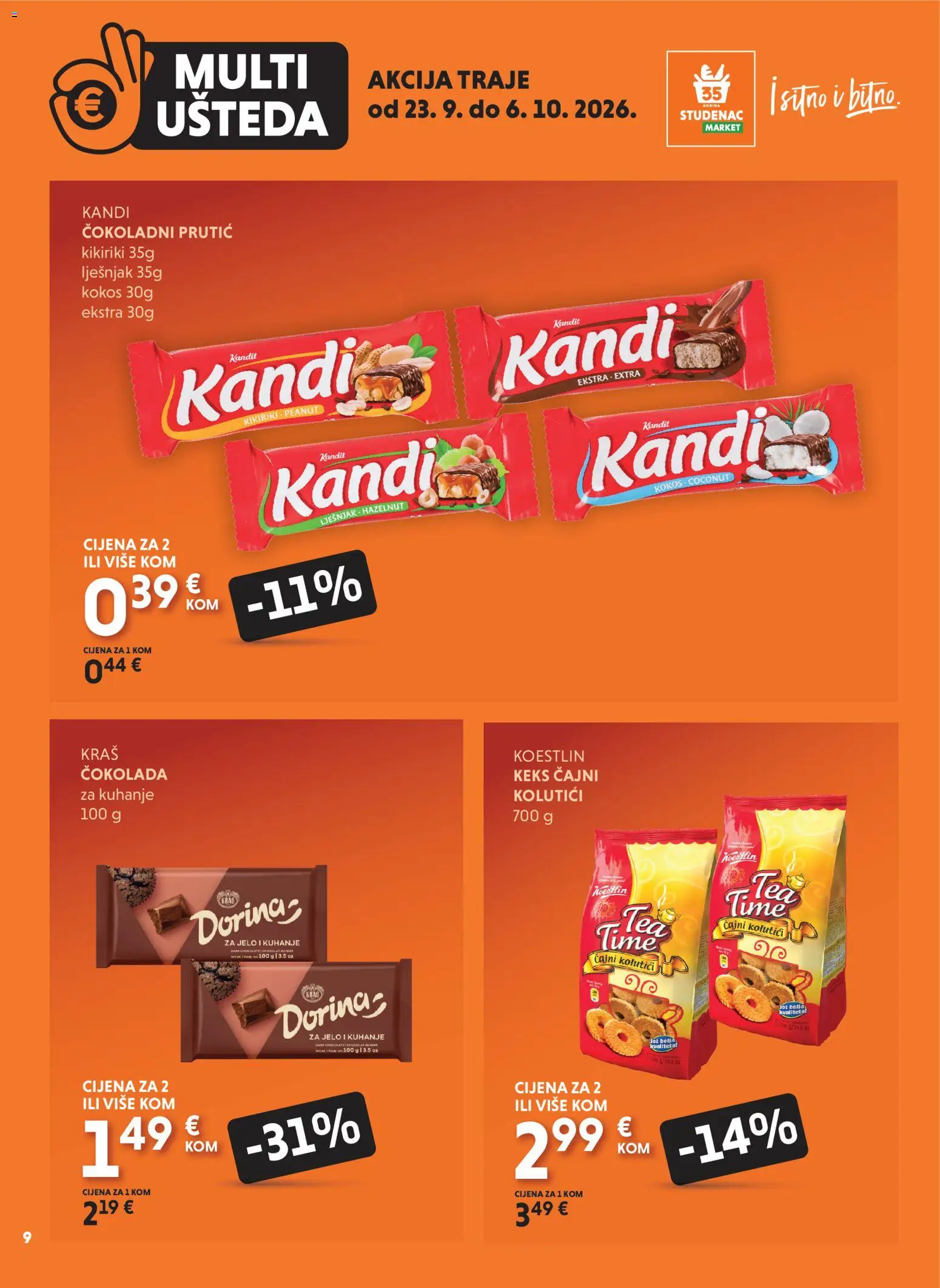 Studenac katalog | vrijedi od 23.09.2026 | Stranica: 9 | Proizvodi: Čajni kolutići, Čokolada, Kikiriki, Kokos