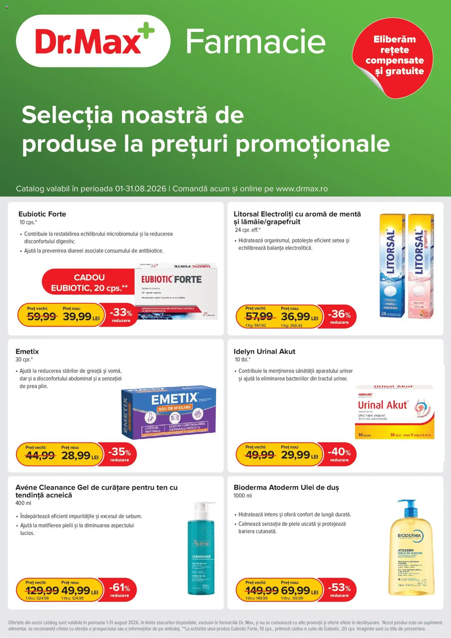 Noul catalog Dr.Max – valabil de la 01.08.2026 | Pagină: 1 | Produse: Tabletă, Gel de curățare, Cutie, Ulei