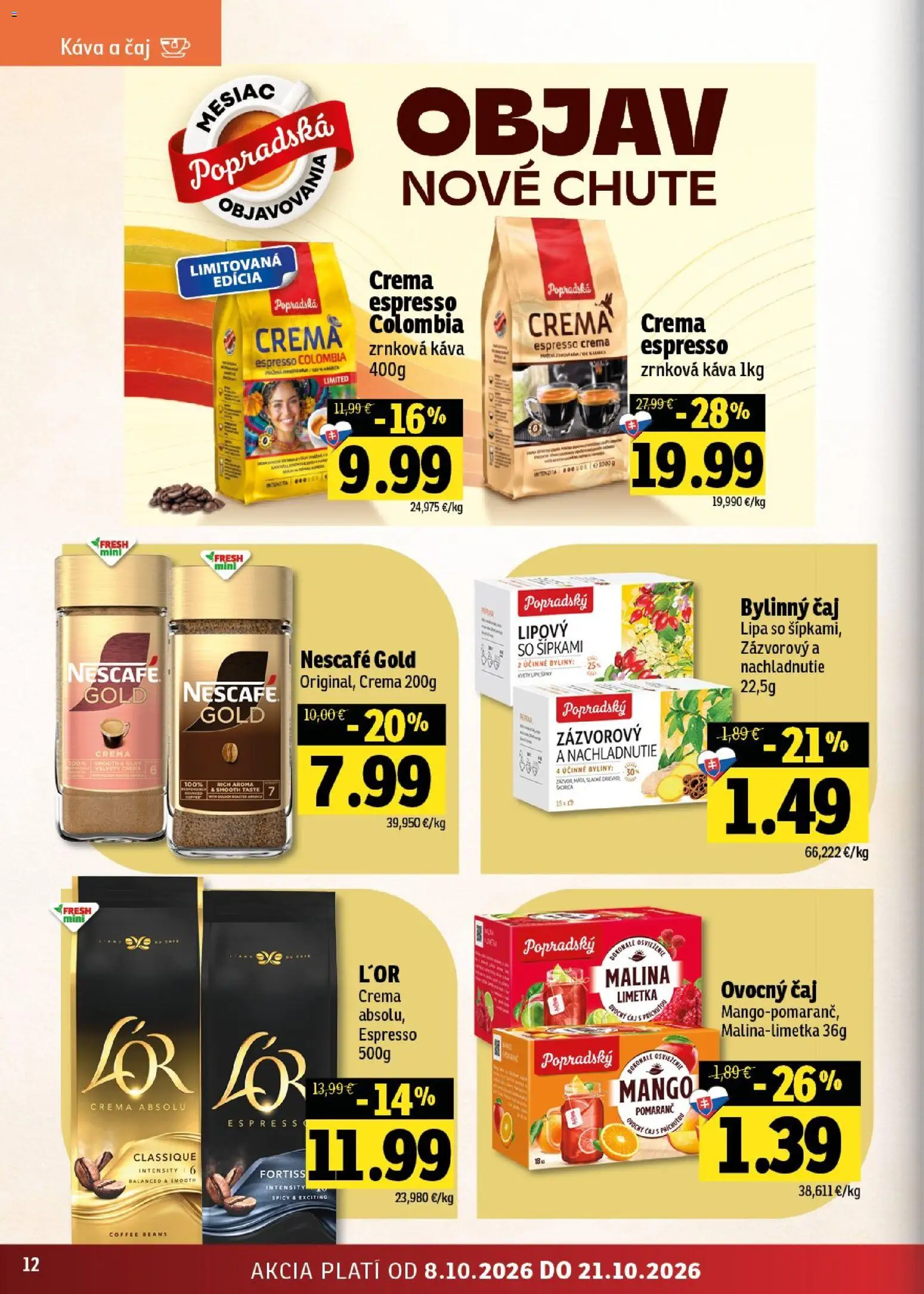 Nové Fresh akcie – leták je platný od 08.10.2026 | Strana: 12 | Produkty: Ovocný čaj, Mango, Nescafé Gold, Zrnková káva