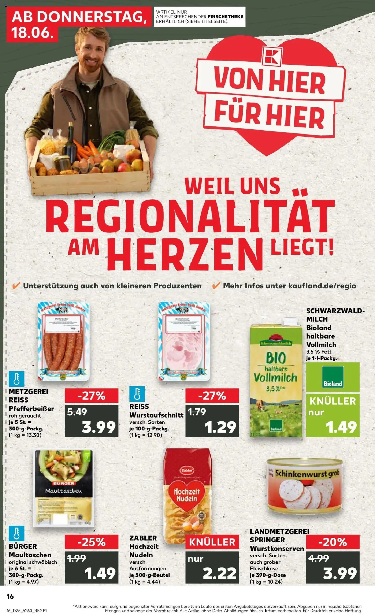 Kaufland Prospekt Laupheim – gültig ab 15.06.2026 | Seite: 1 | Produkte: Milch, Burger, Nudeln, Maultaschen