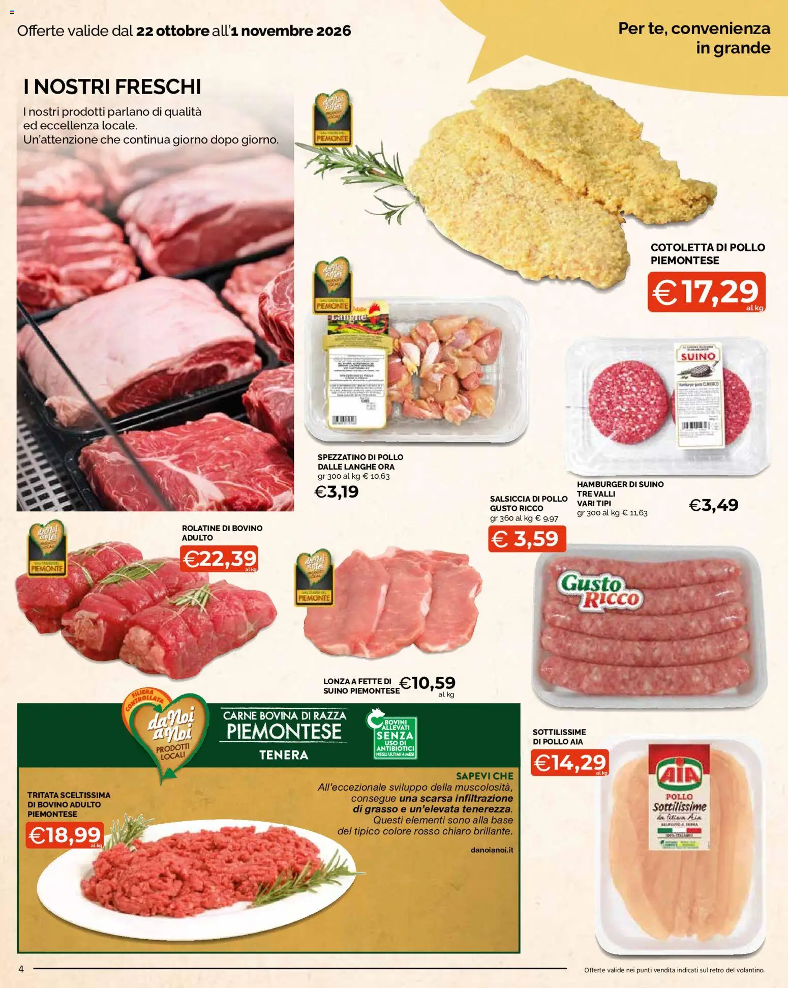 Volantino Mercatò del 22/10/2026 | Pagina: 4 | Prodotti: Pollo, Suino, Salsiccia, Carne