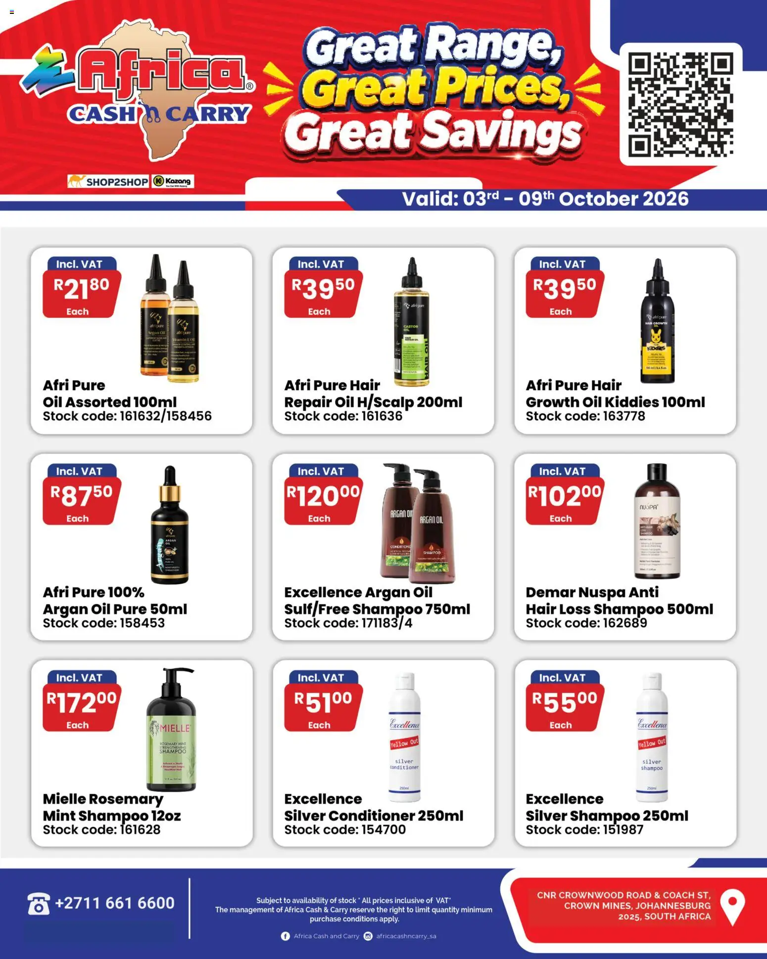 New Africa Cash & Carry catalogue – valid from 03/10/2026 | Page: 1 | Products: Ham, Shampoo, Conditioner, Hair oil