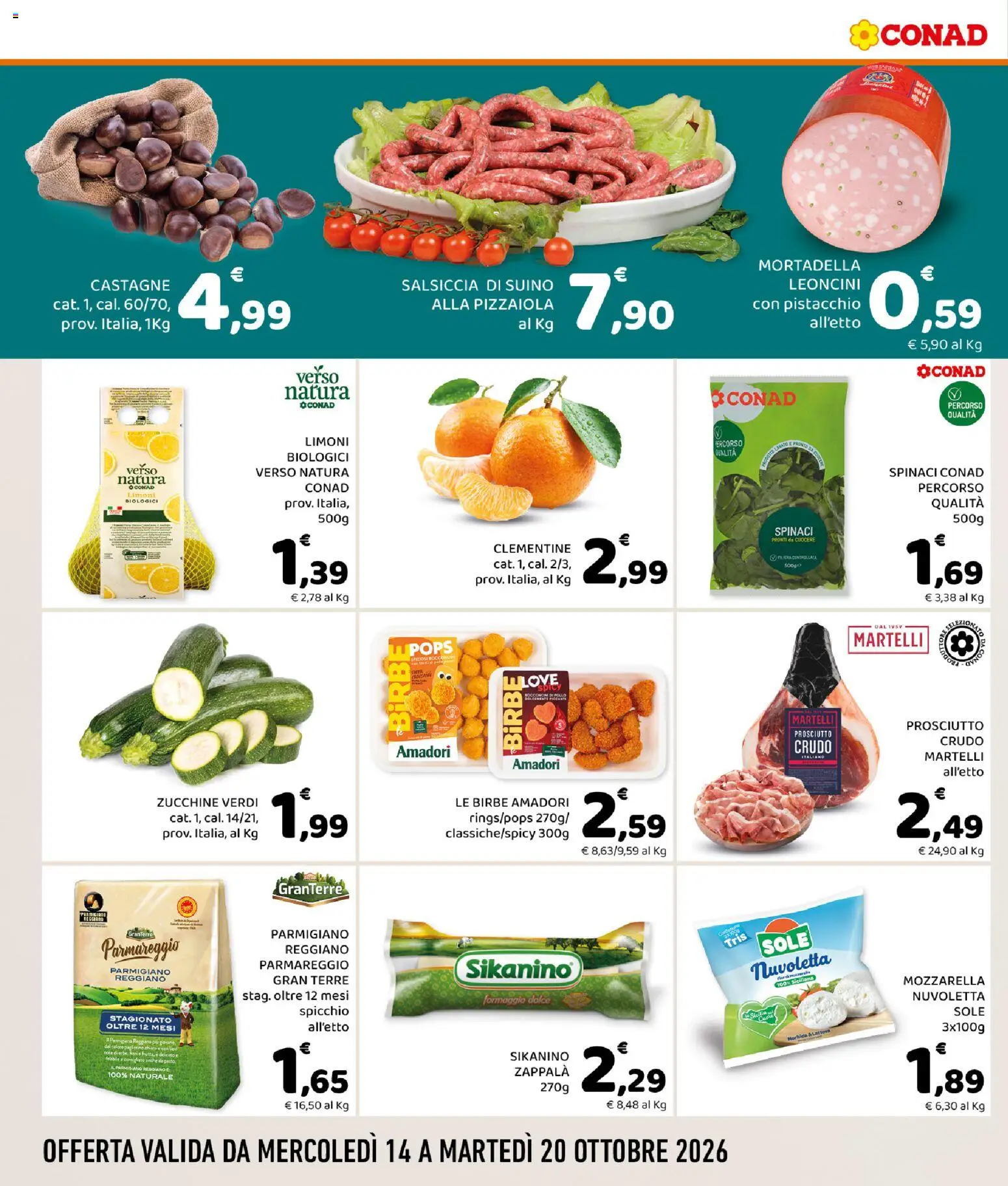 Volantino Conad del 14/10/2026 | Pagina: 2 | Prodotti: Prosciutto, Salsiccia, Spinaci, Parmigiano reggiano
