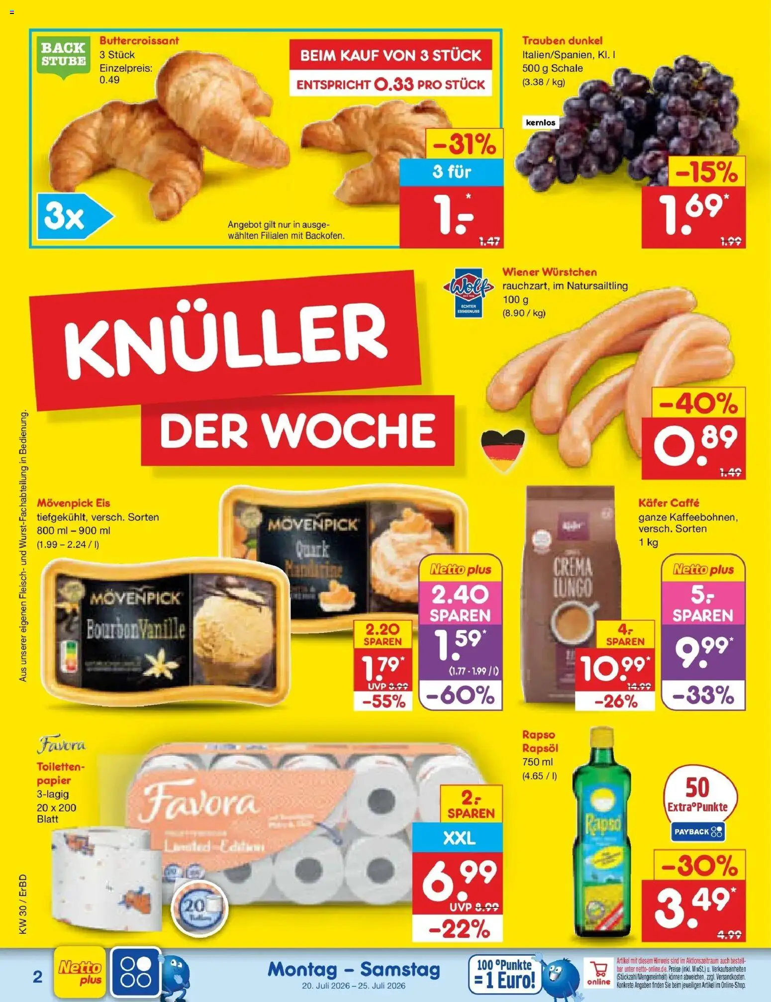 Netto Marken-Discount Prospekt Weimar – gültig ab 20.07.2026 | Seite: 2 | Produkte: Trauben, Movenpick eis, Bourbon, Rapso rapsol