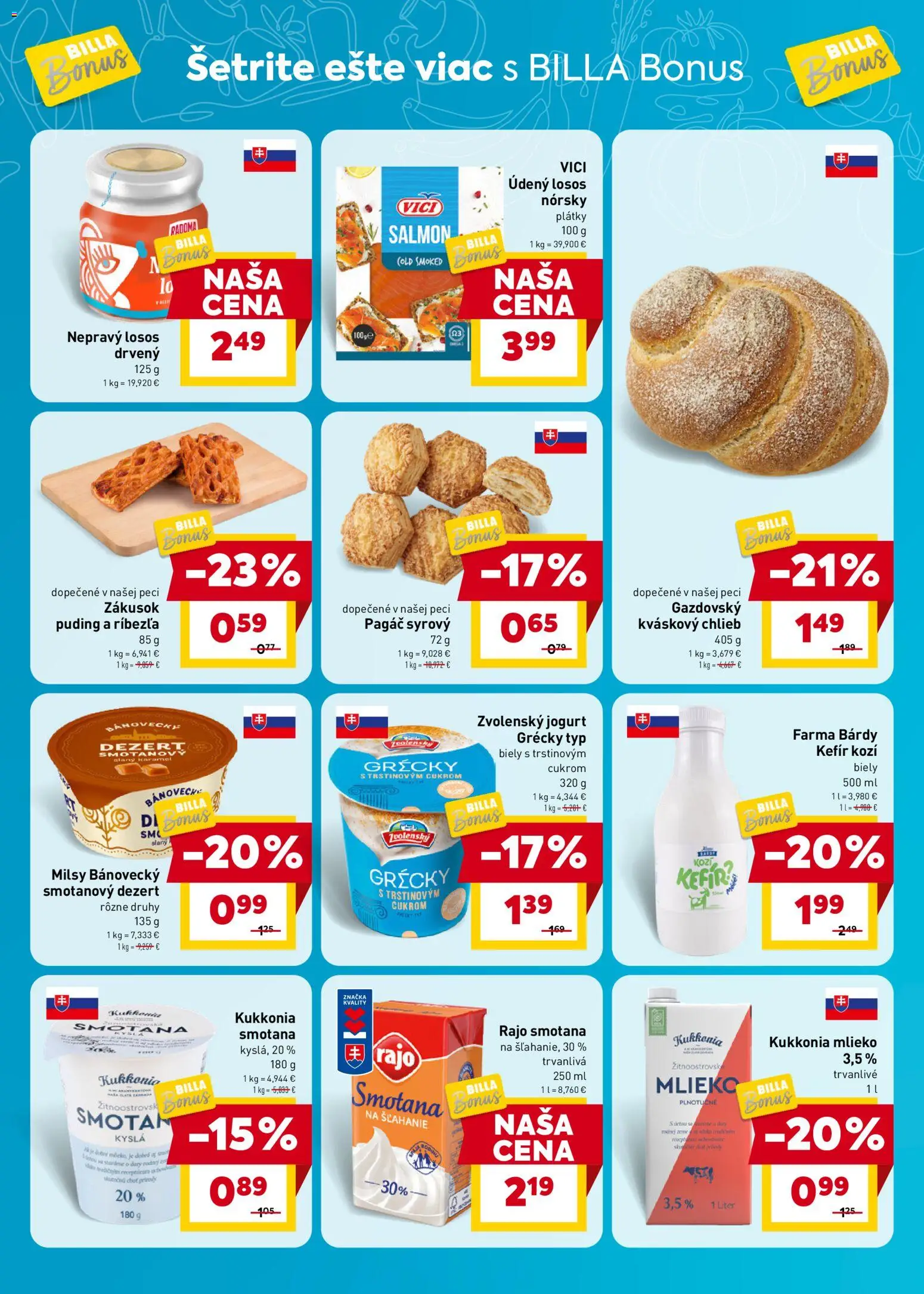 Nové Billa akcie – leták je platný od 20.05.2026 | Strana: 2 | Produkty: Mlieko, Jogurt, Smotana, Losos