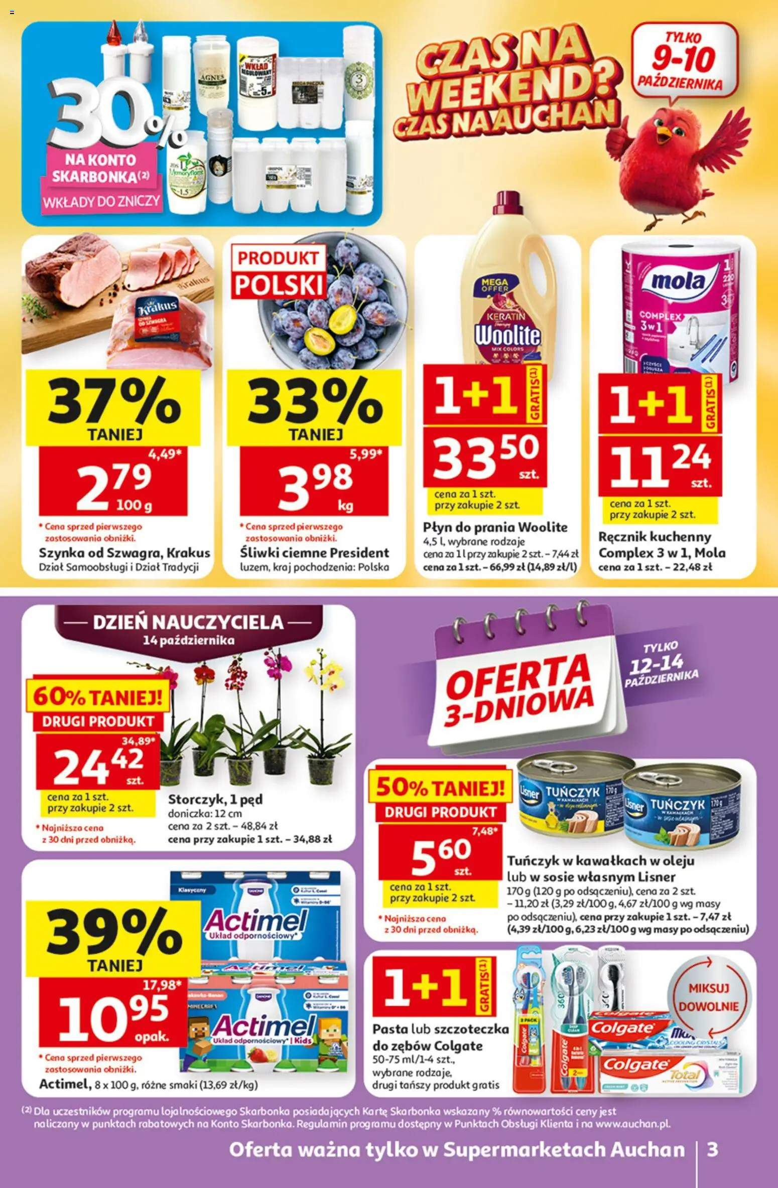 Auchan gazetka od 08.10.2026 | Strona: 3 | Produkty: Wkłady do zniczy, Szynka, Actimel, Pasta