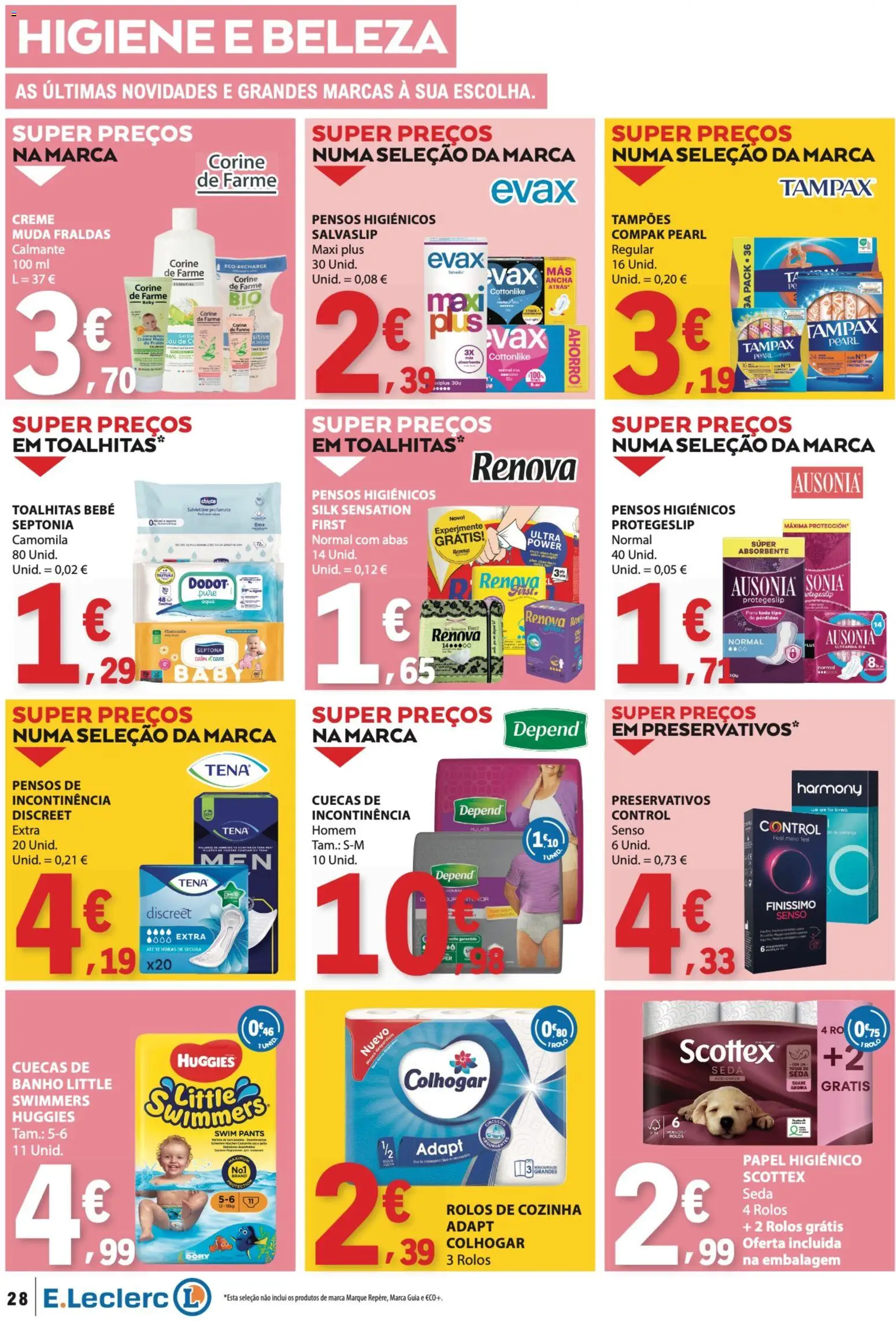 E.Leclerc folheto │ válido de 20/08/2026 | Página: 28 | Produtos: Papel higiénico, Pensos higiénicos, Fraldas, Banho