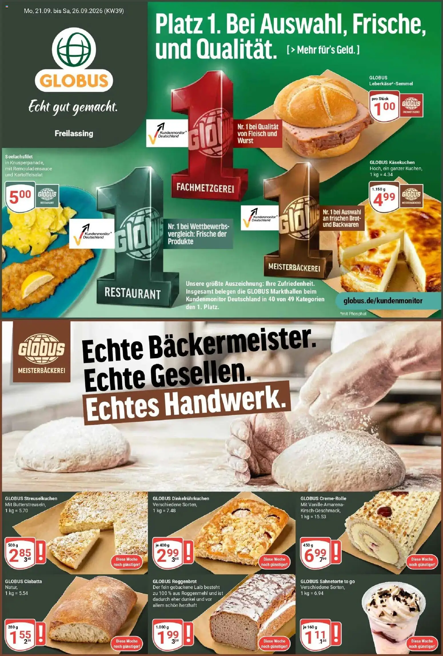 Globus Prospekt Freilassing (ab 21.09.2026) » Angebote online | Seite: 1 | Produkte: Wurst, Brot, Fleisch, Leberkase