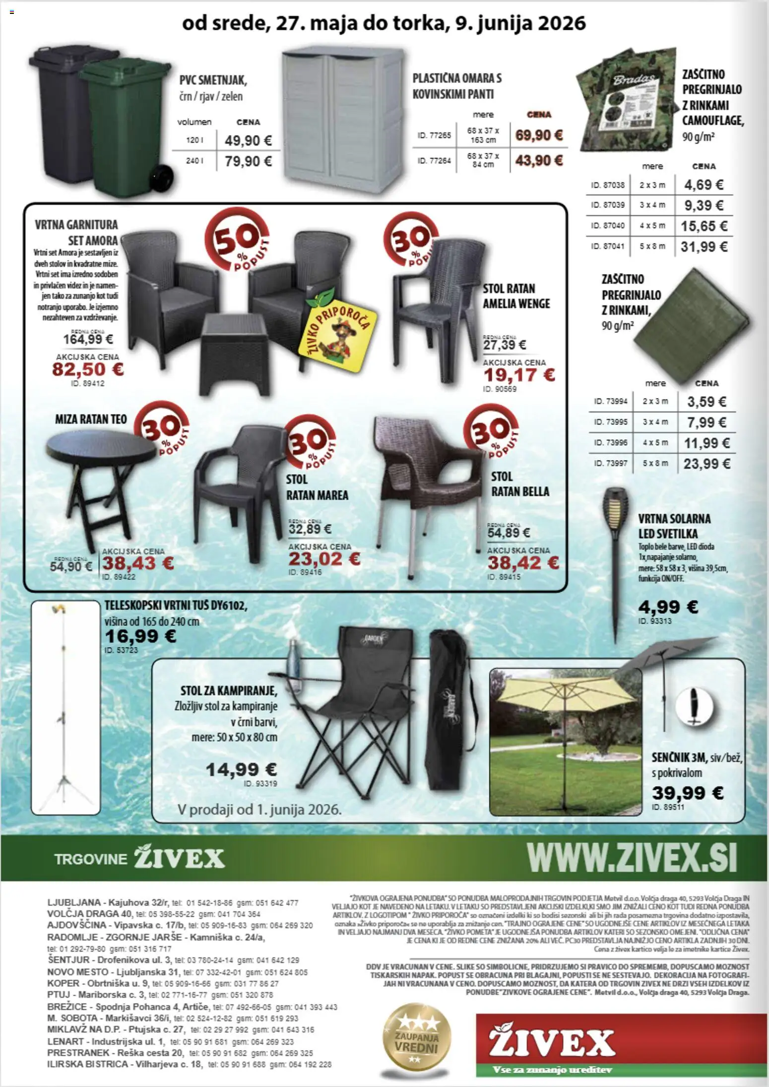 Novi Živex katalog ponudbe – veljaven od 27.05.2026 | Stran: 4 | Izdelki: Senčnik, Omara, Miza, Stol
