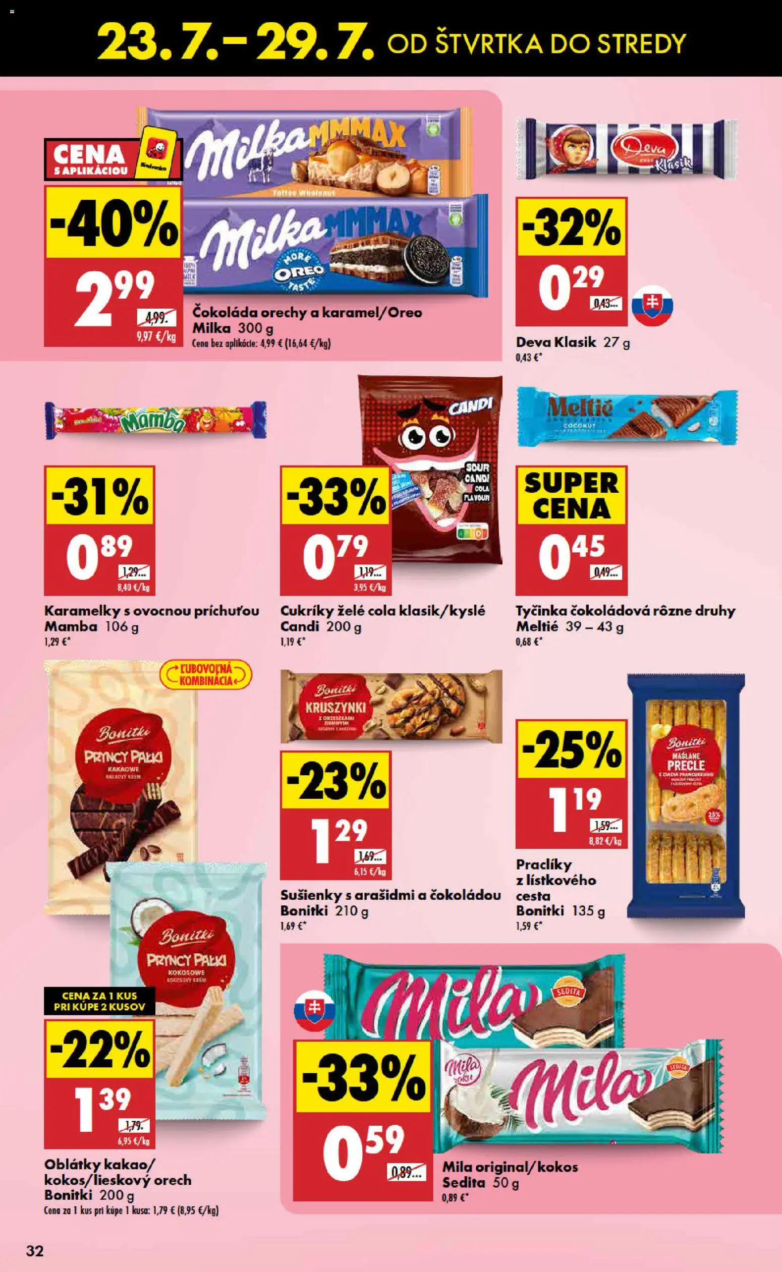 Nové Biedronka akcie – leták je platný od 23.07.2026 | Strana: 32 | Produkty: Čokoláda, Cukríky, Orechy, Mila
