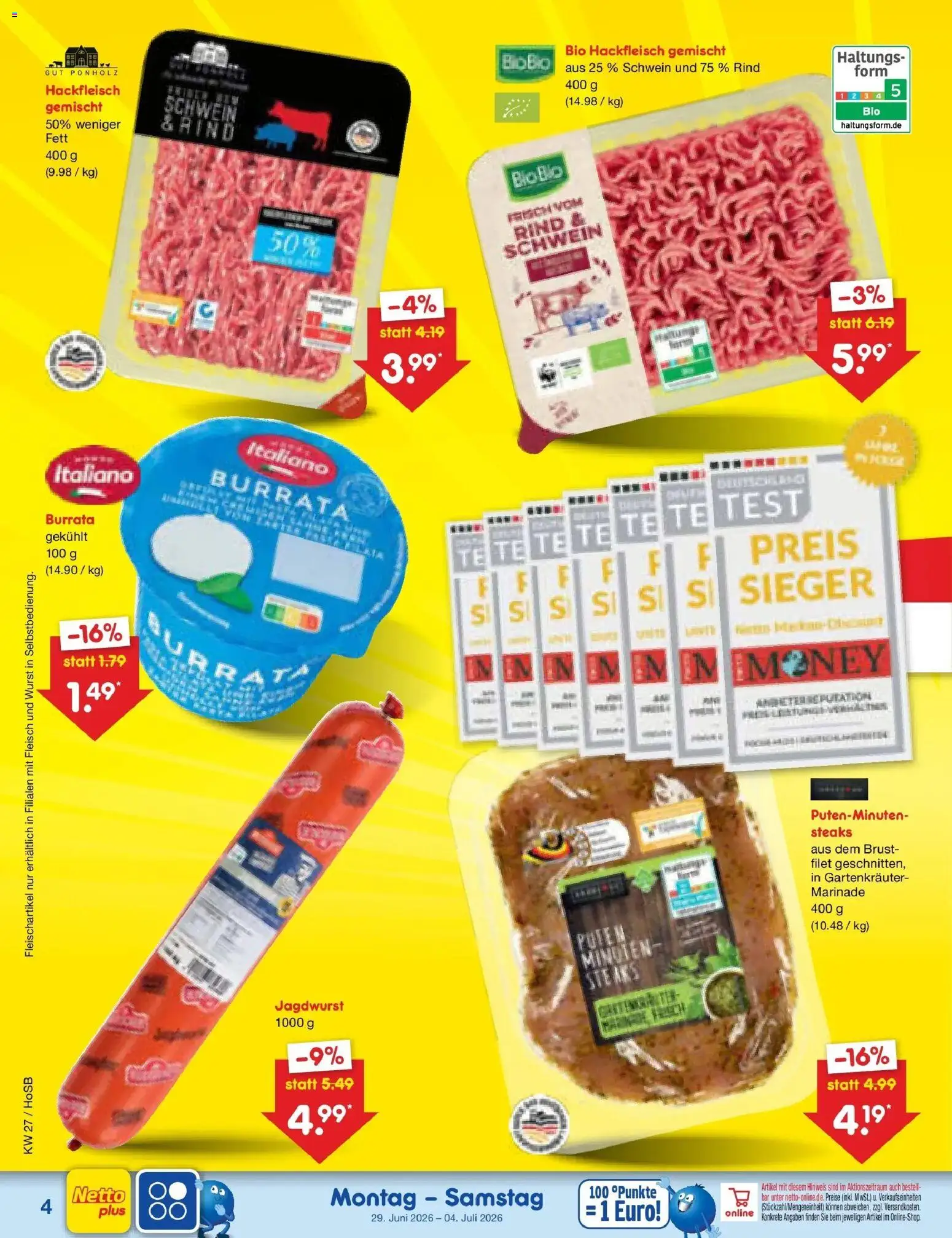 Netto Marken-Discount Prospekt Hannover – gültig ab 29.06.2026 | Seite: 4 | Produkte: Burrata, Wurst, Fleisch, Hackfleisch