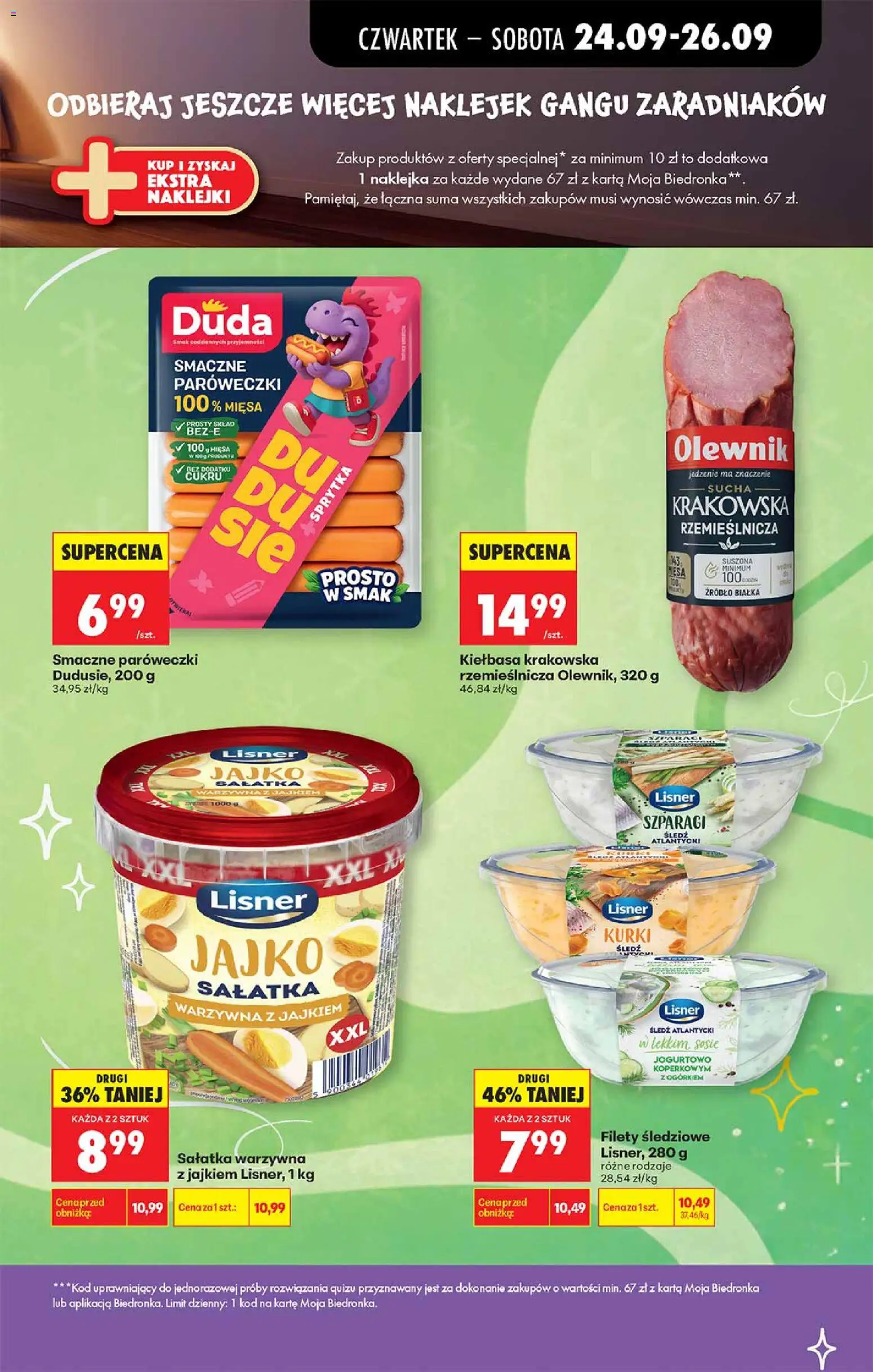 Biedronka gazetka - Gang zaradniaków od 24.09.2026 | Strona: 3 | Produkty: Kiełbasa, Śledź, Szparagi, Naklejki