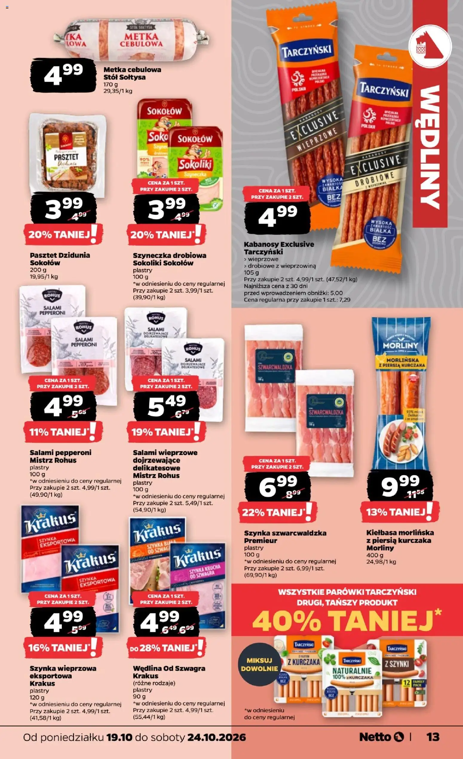 Netto gazetka od poniedziałku od 19.10.2026 | Strona: 13 | Produkty: Pasztet, Szynka wieprzowa, Parówki, Metka cebulowa