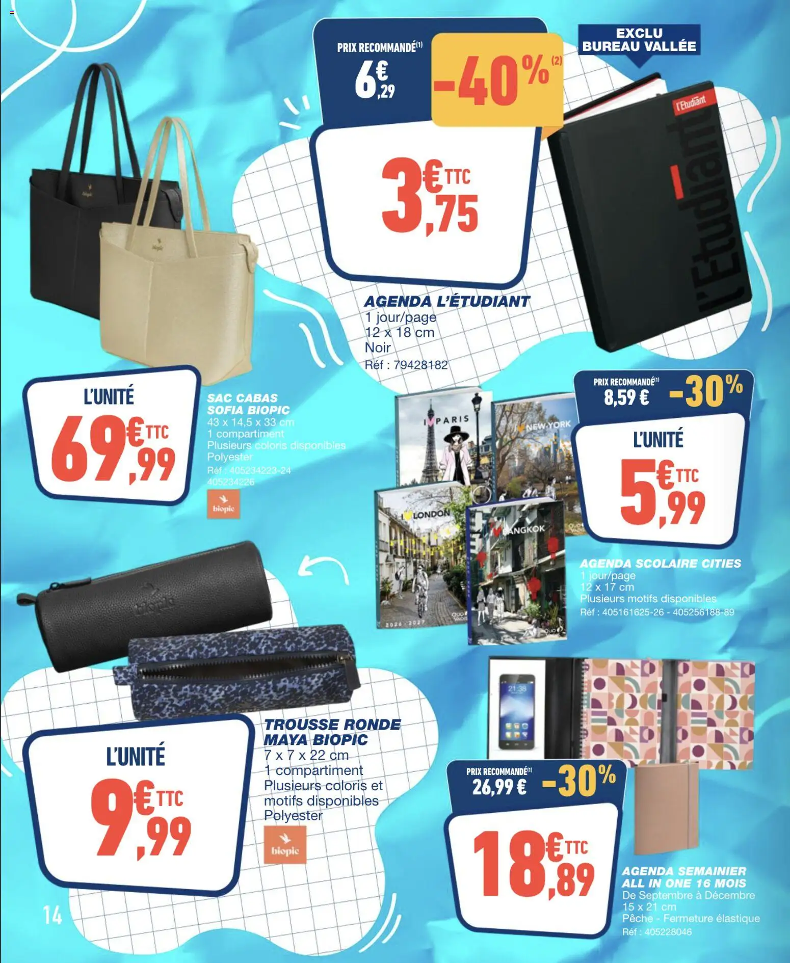 {H1} | Page: 14 | Produits: Bureau, Pêche, Sac cabas, Agenda scolaire