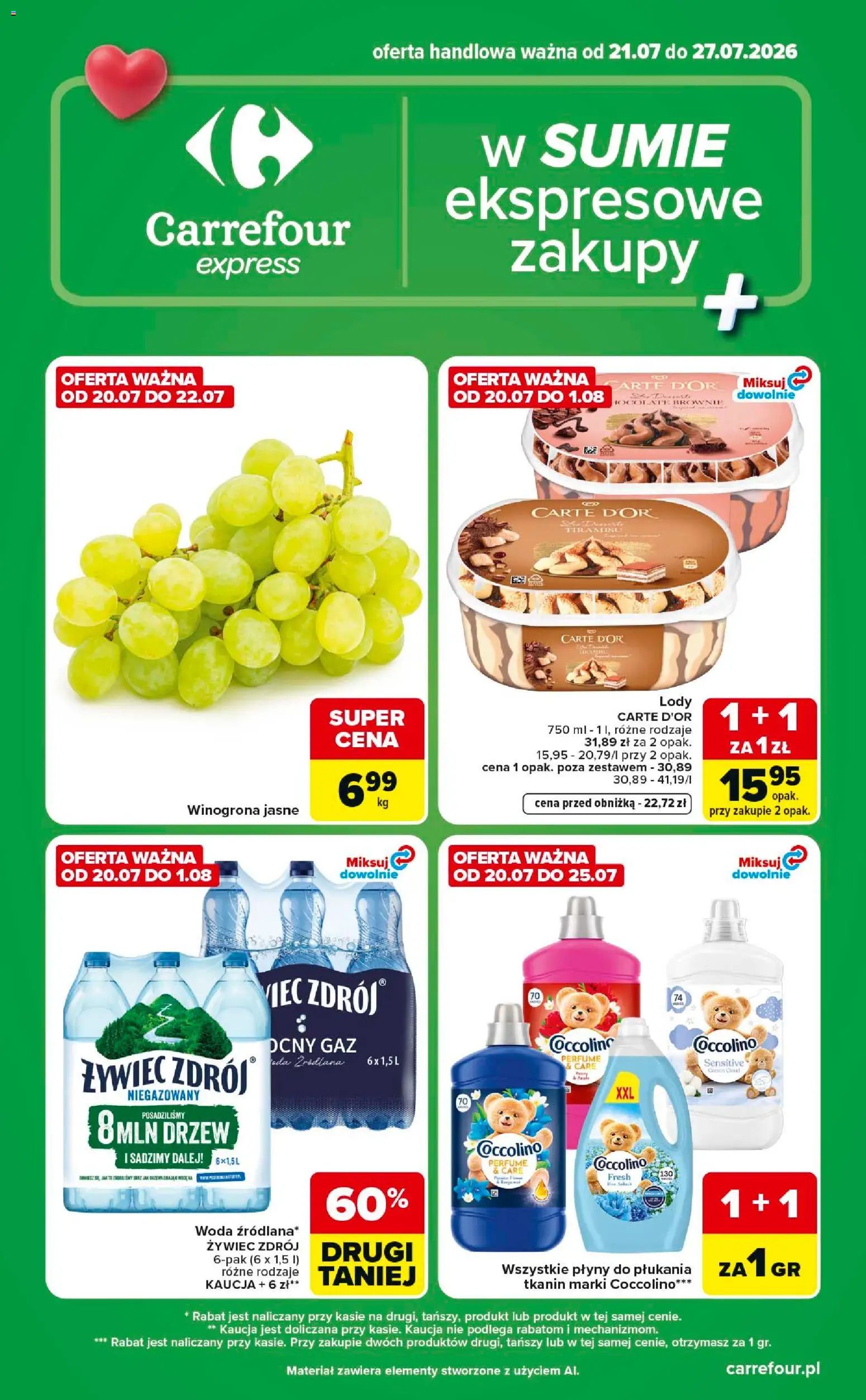 Carrefour gazetka - Express od 21.07.2026 | Strona: 1 | Produkty: Winogrona, Coccolino, Brownie, Woda