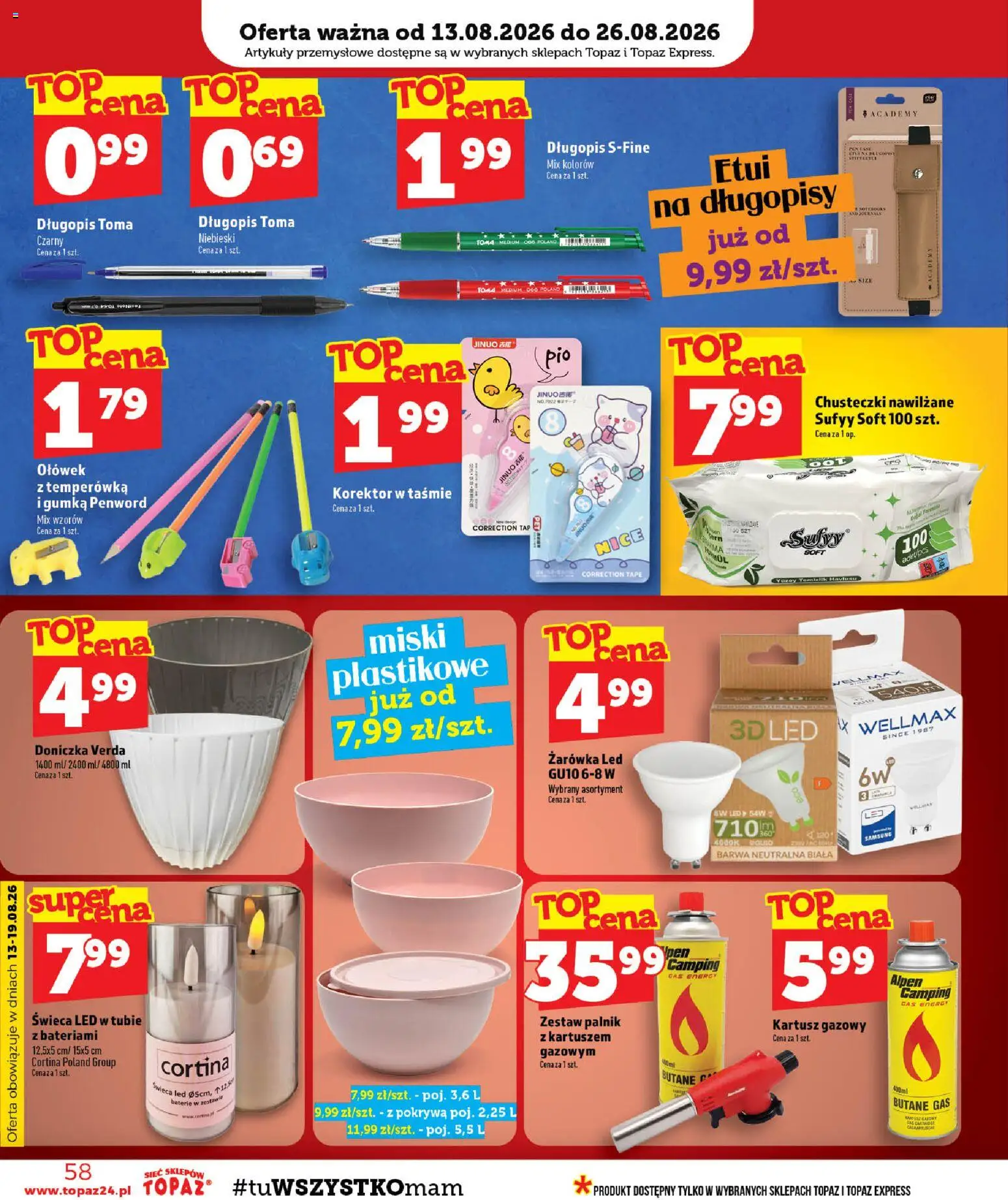 Topaz gazetka - MAZ od 13.08.2026 | Strona: 58 | Produkty: Chusteczki, Świeca, Doniczka, Długopisy