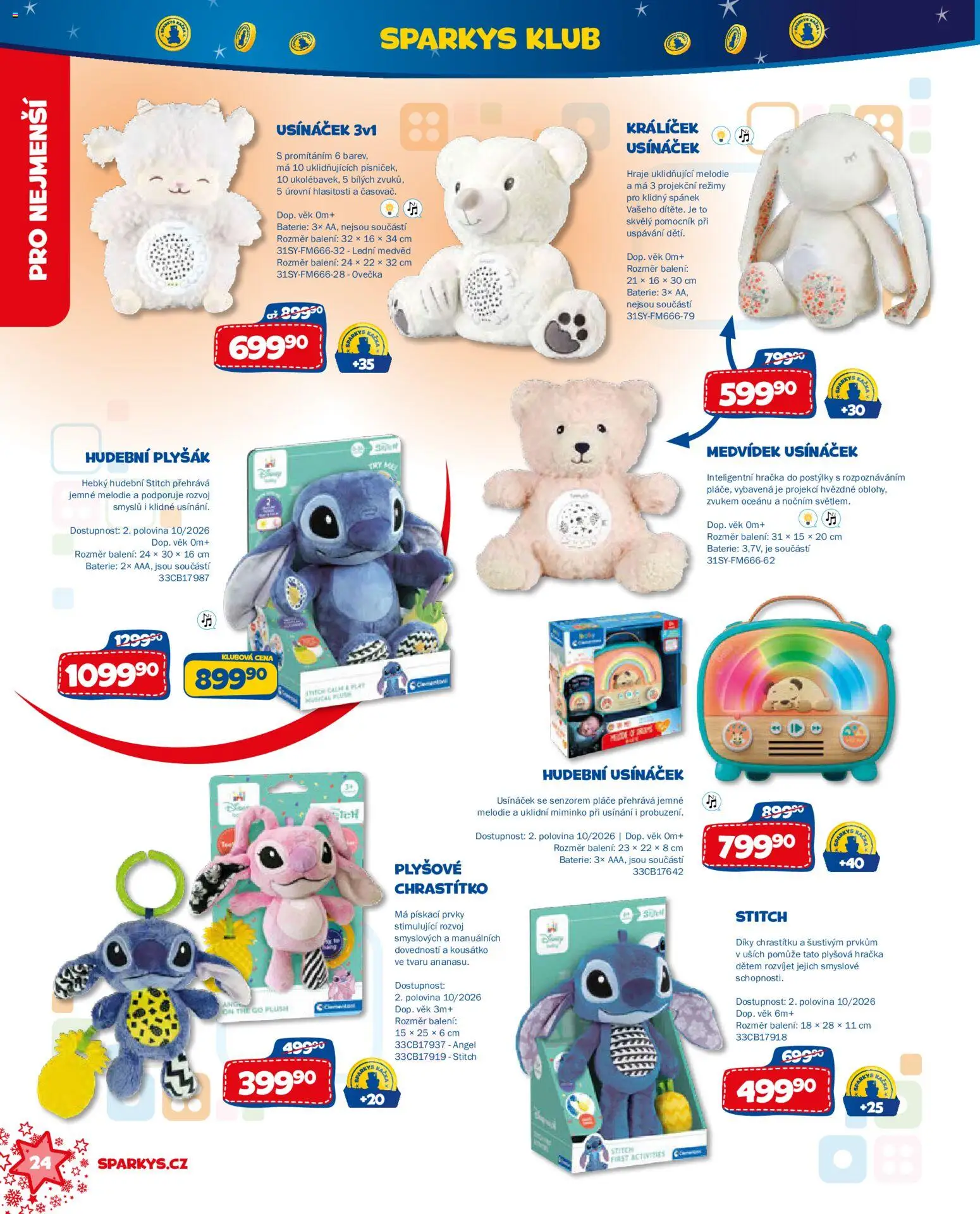 Sparkys katalog Vánoce 2026 od 01.10.2026 | Strana: 24 | Produkty: Kousátko, Usínáček, Baterie, Plyšák