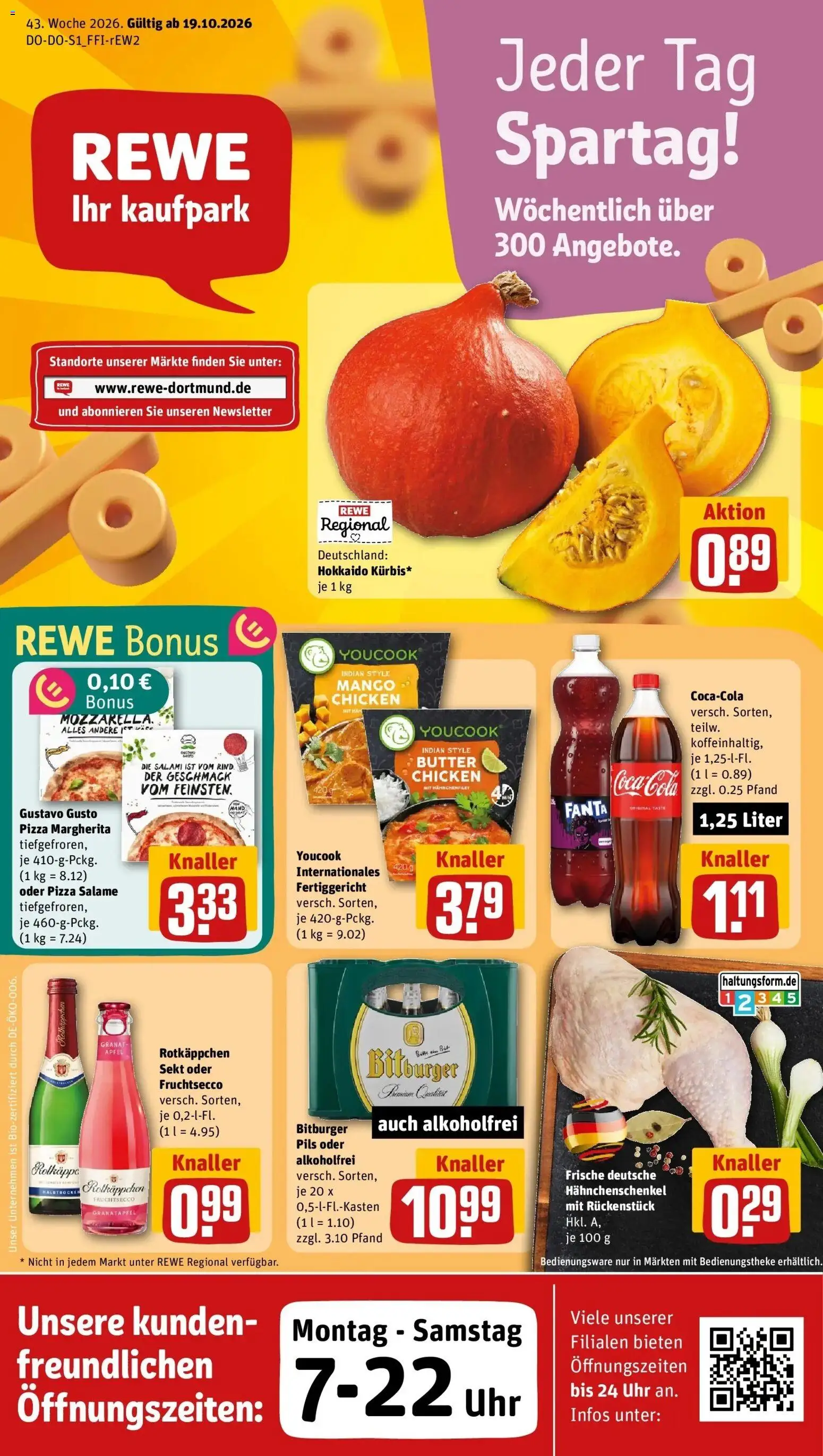 REWE Prospekt ab 19.10.2026 zum Blättern » Angebote | Seite: 1 | Produkte: Fanta, Äpfel, Pizza, Uhr