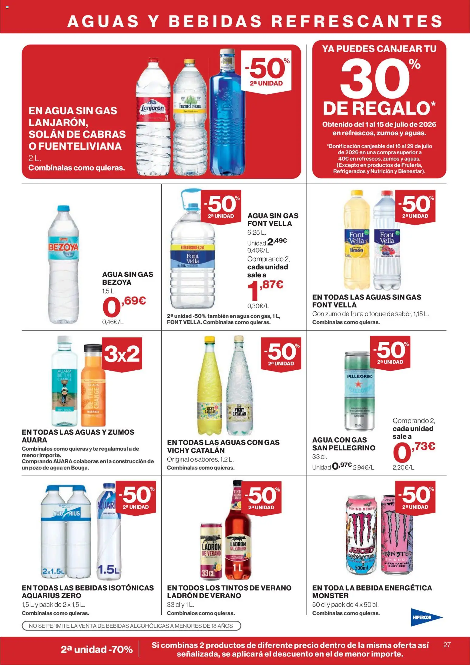 Hipercor catálogo │ válido desde el 16/07/2026 | Página: 27 | Productos: Agua con gas, Ροζ πιπέρι, Té