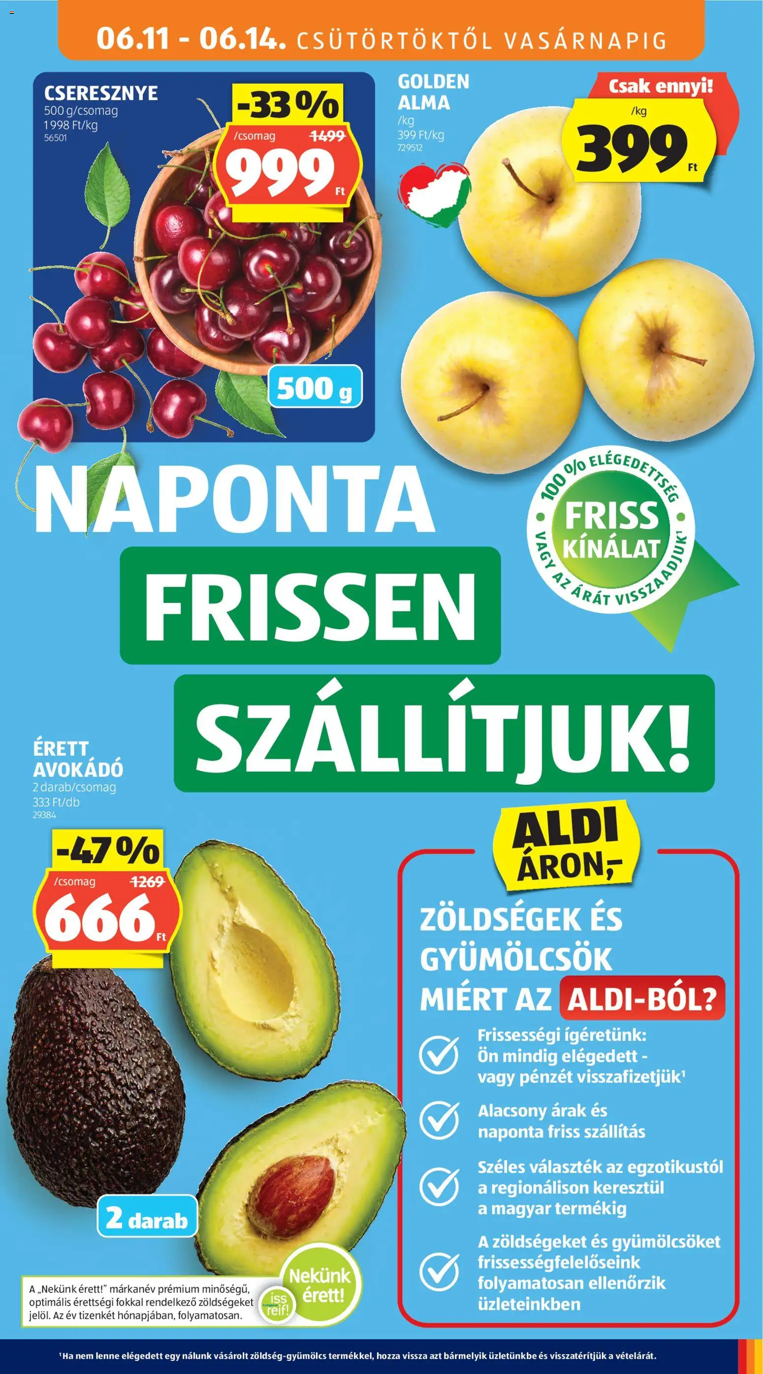 Aldi akciós ujság - amely érvényes a következő dátumtól: 11.06.2026 | Oldal: 9 | Termékek: Cseresznye, Alma, Avokádó