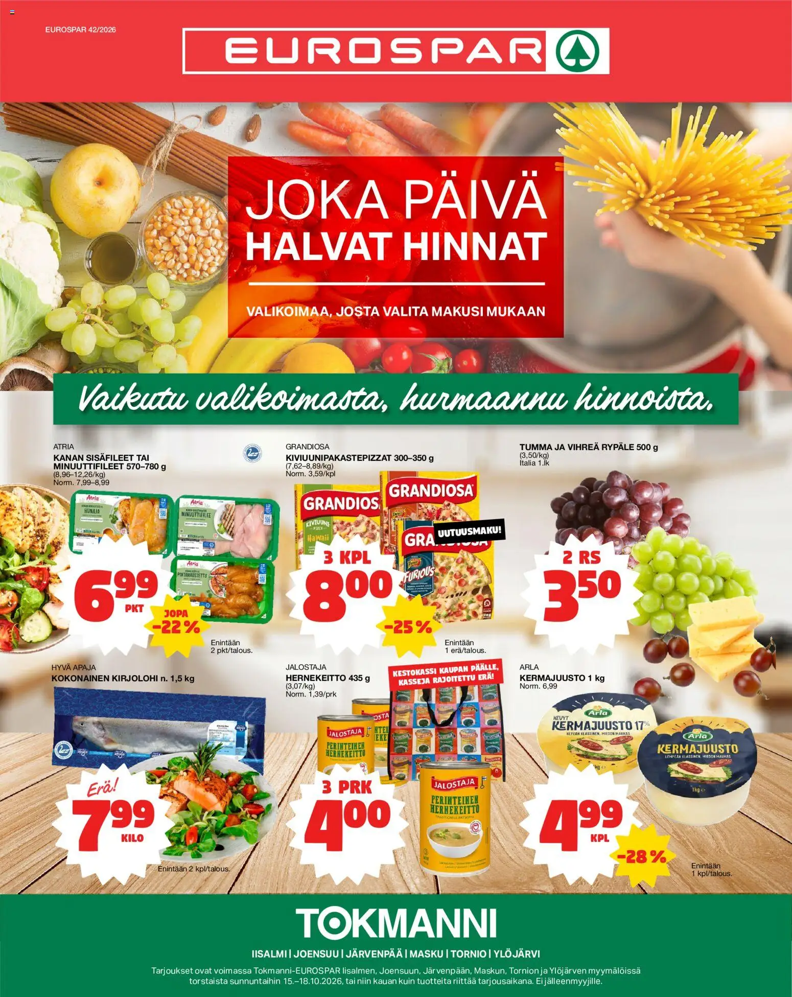 Tokmanni Eurospar – voimassa 15/10/2026 alkaen | Sivu: 1 | Tuotteet: Kirjolohi, Kokonainen, Kermajuusto, Hernekeitto