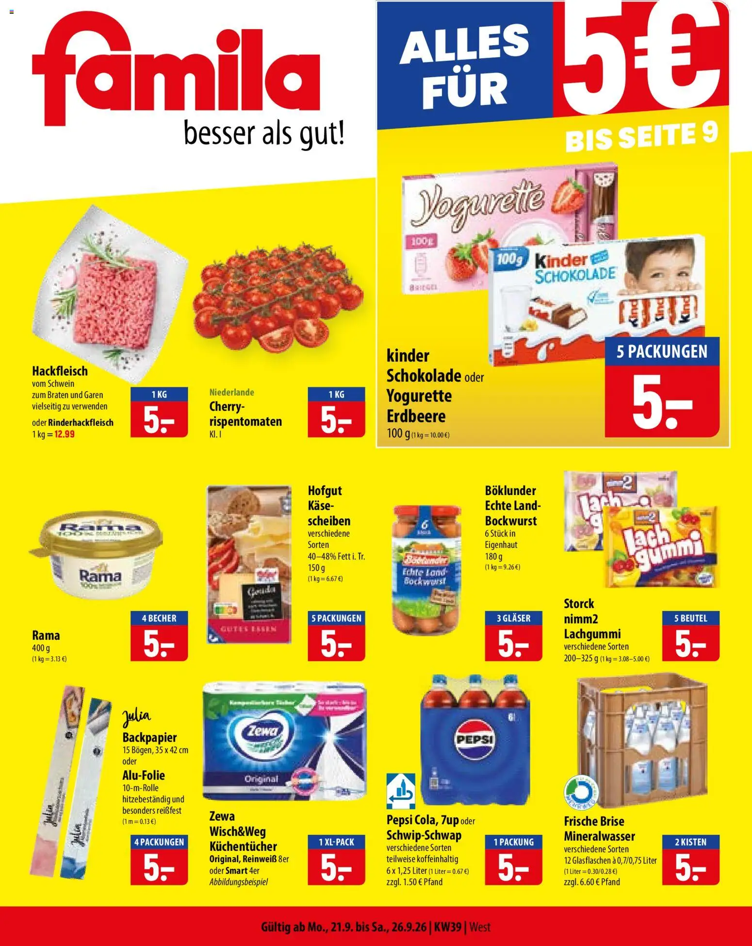 Famila Prospekt – gültig ab 21.09.2026 | Seite: 1 | Produkte: Bockwurst, Yogurette, Mineralwasser, Hackfleisch