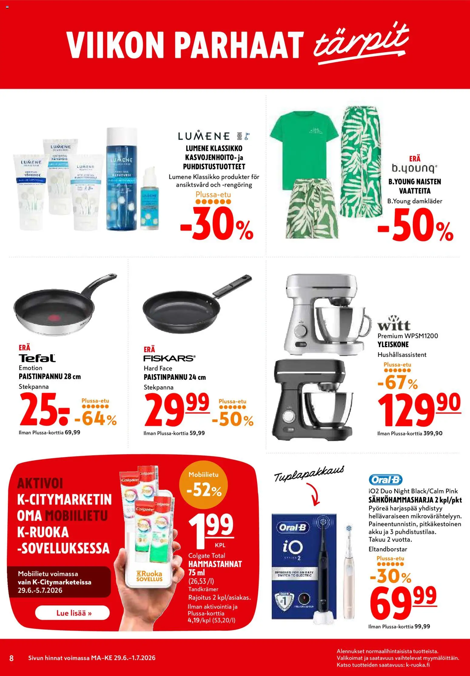 K-Citymarket tarjoukset – voimassa 29/06/2026 alkaen | Sivu: 8 | Tuotteet: Sähköhammasharja, Paistinpannu, Akku