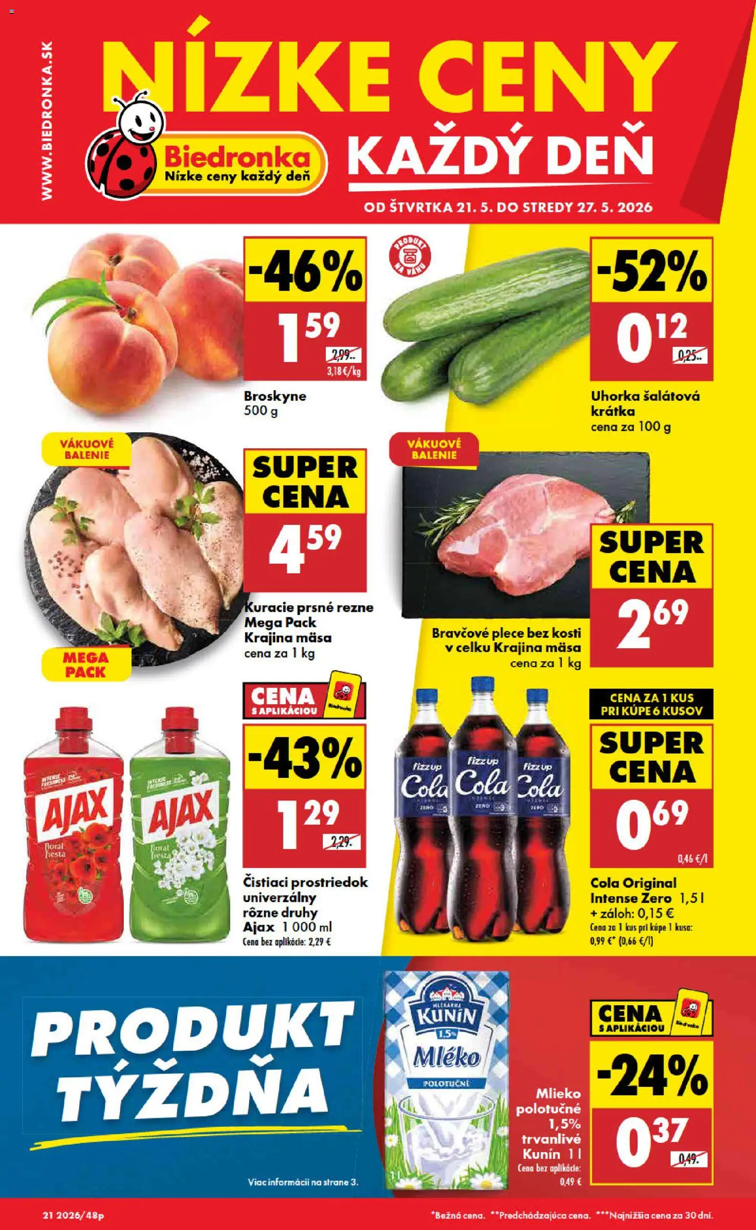Nové Biedronka akcie – leták je platný od 21.05.2026 | Strana: 1 | Produkty: Mlieko, Bravčové plece, Čistiaci prostriedok, Cola