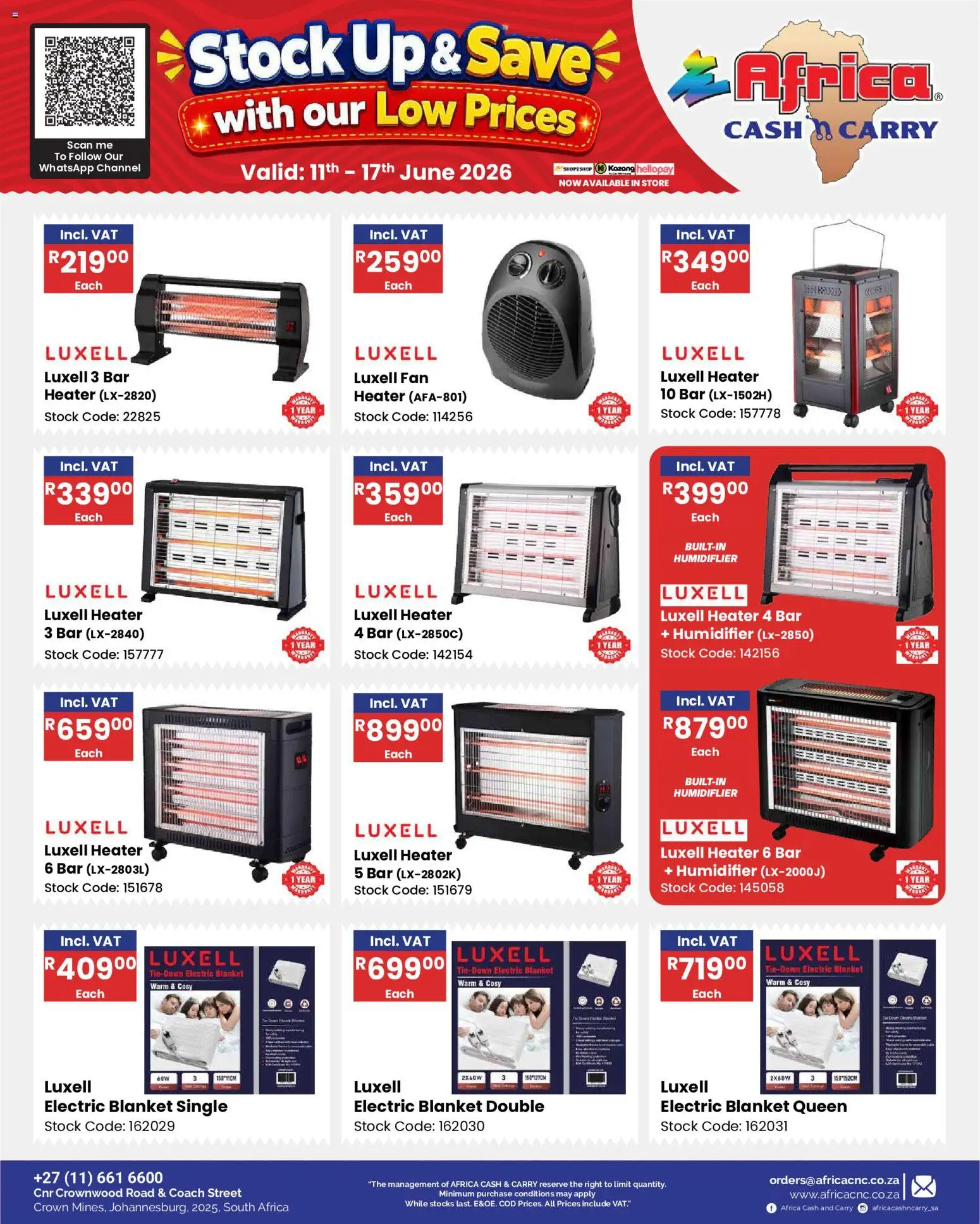 New Africa Cash & Carry catalogue – valid from 11.06.2026 | Page: 36 | Products: Fan, Blanket, Heater, Stock