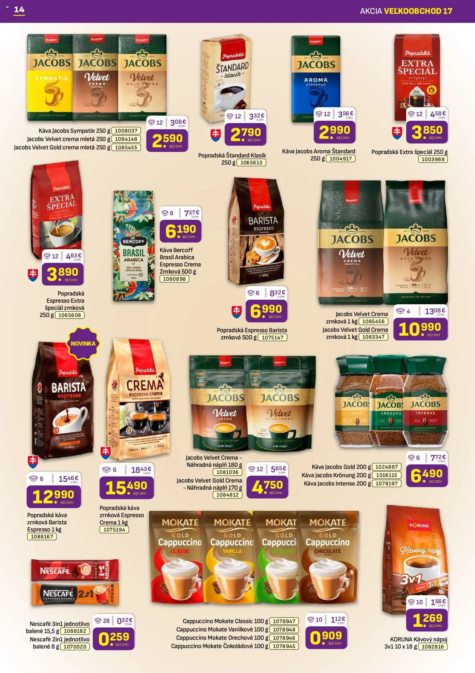 Nové Libex akcie – leták je platný od 24.08.2026 | Strana: 14 | Produkty: Jacobs Velvet, Káva, Popradská káva, Cappuccino