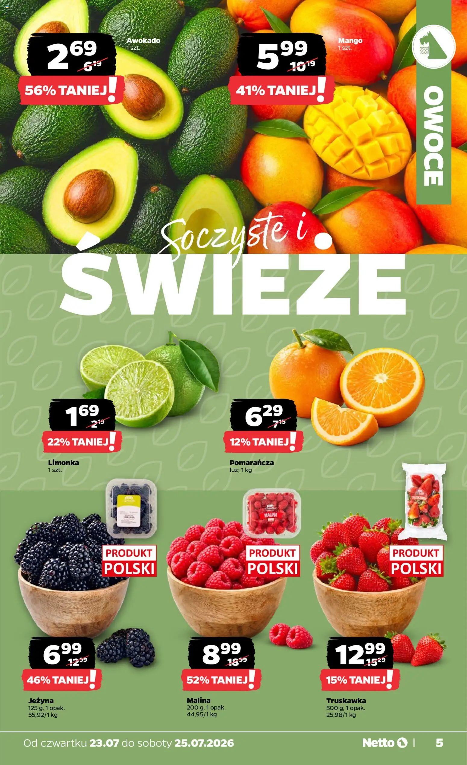Netto gazetka od czwartku od 23.07.2026 | Strona: 5 | Produkty: Mango, Limonka, Awokado, Owoce