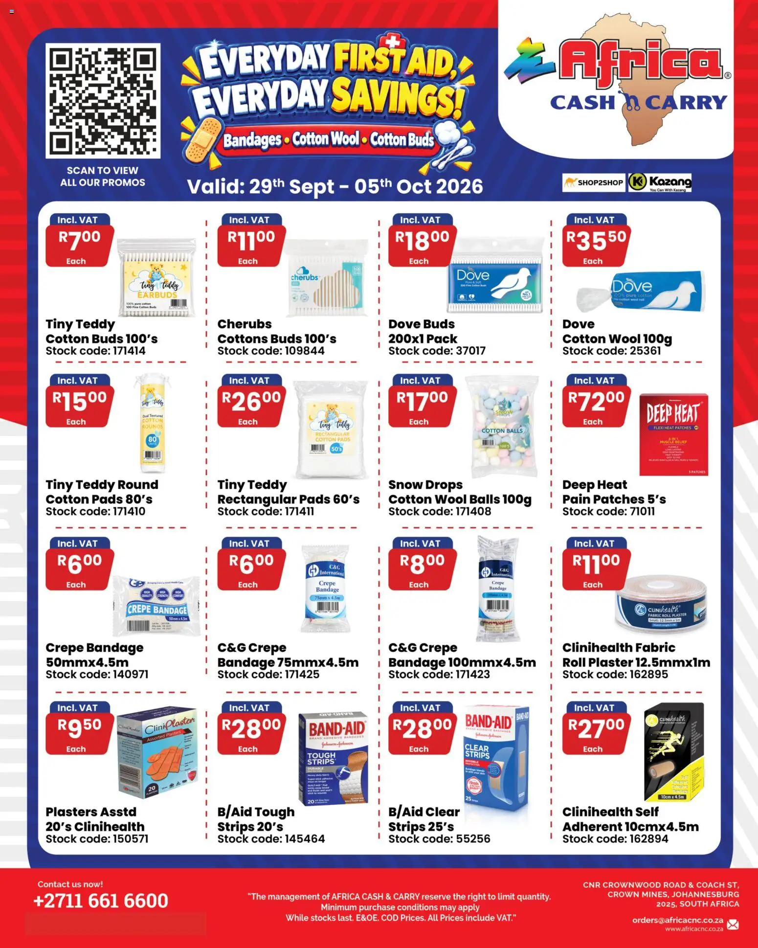 New Africa Cash & Carry catalogue – valid from 29/09/2026 | Page: 1 | Products: Earbuds, Teddy, Pads, Plaster