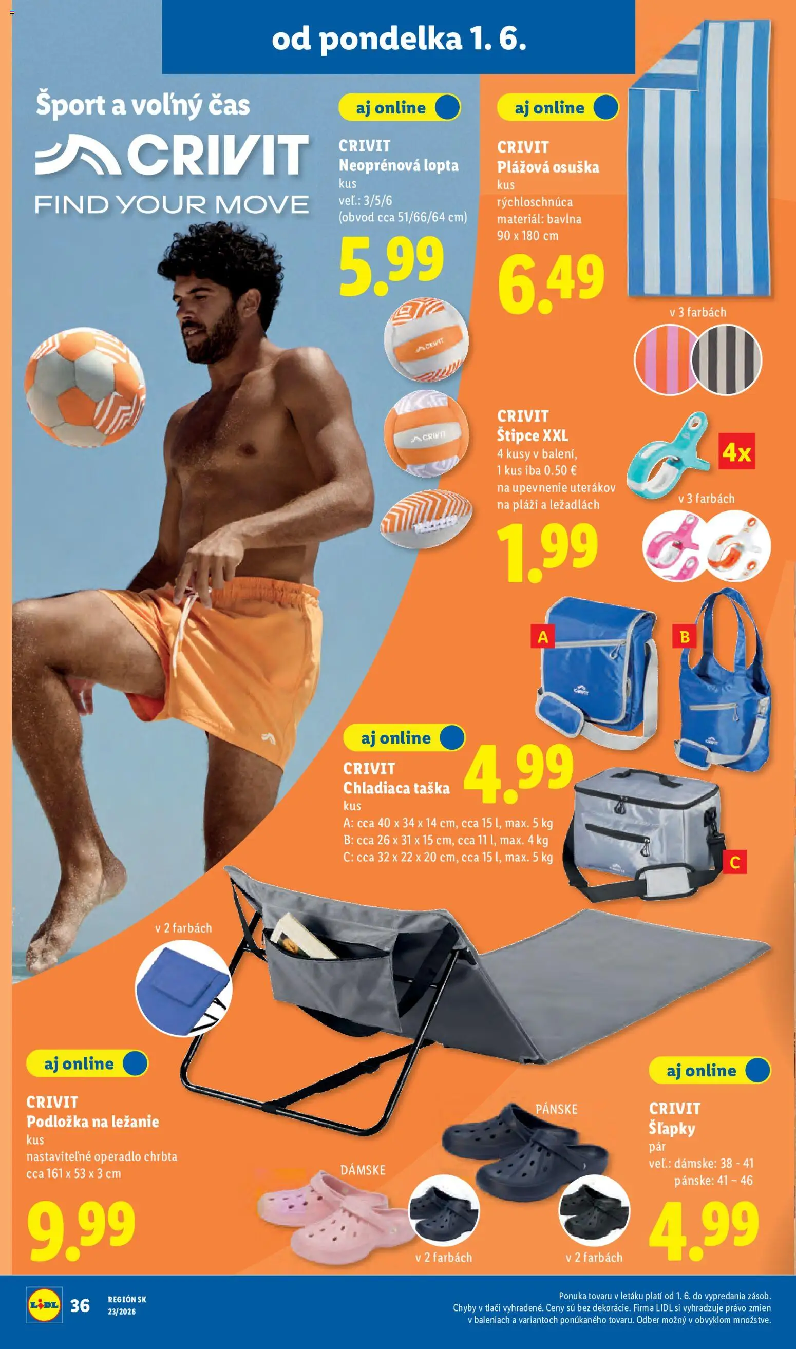 Nové Lidl akcie – leták je platný od 01.06.2026 | Strana: 50 | Produkty: Osuška, Lopta, Šľapky, Taška