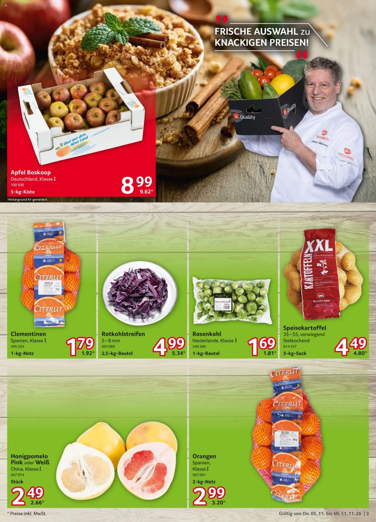 Selgros Prospekt – gültig ab 05.11.2026 | Seite: 3 | Produkte: Grill, Äpfel, Orangen, Obst