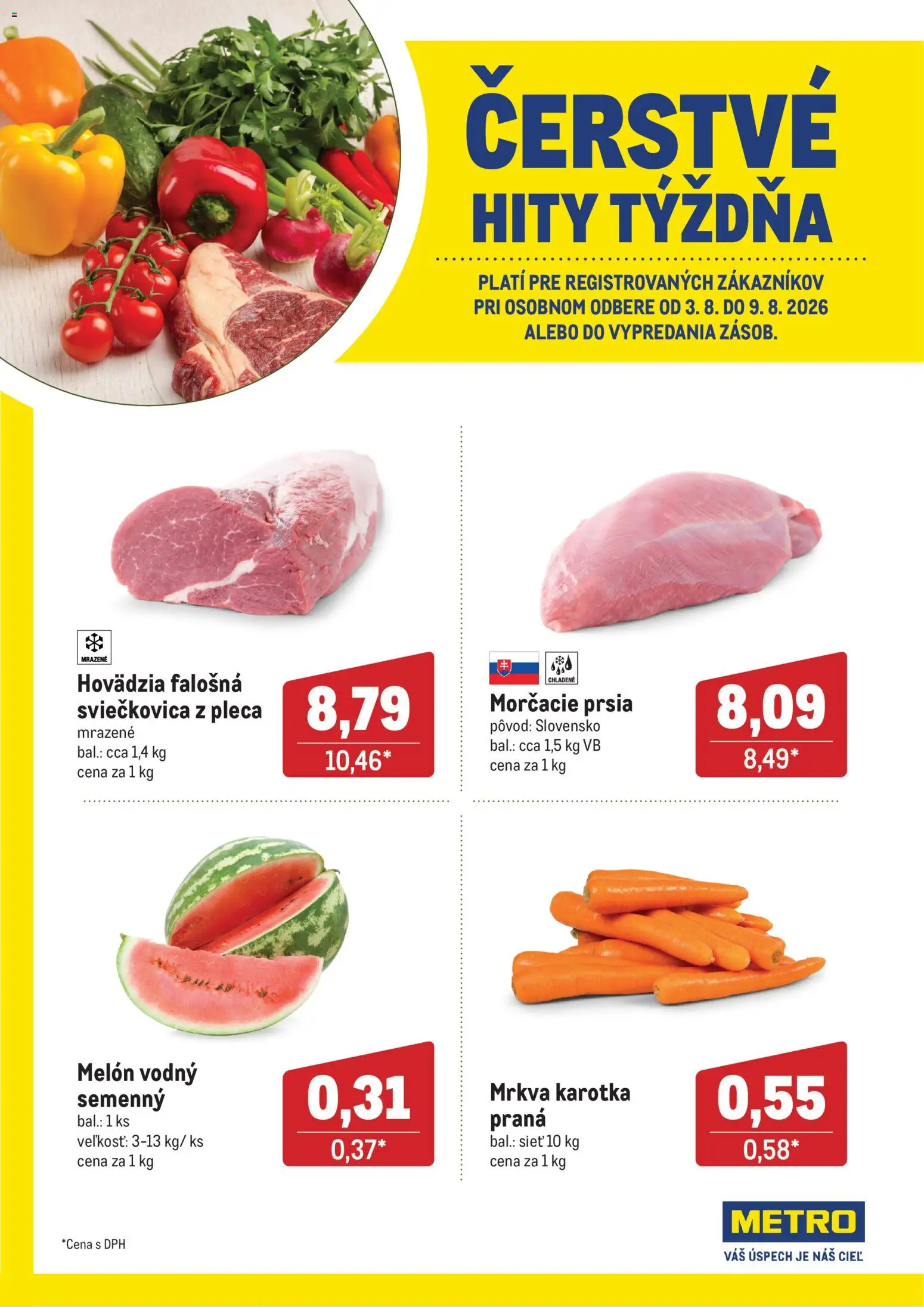 Nové Metro akcie – leták je platný od 03.08.2026 | Strana: 1 | Produkty: Mrkva, Melón