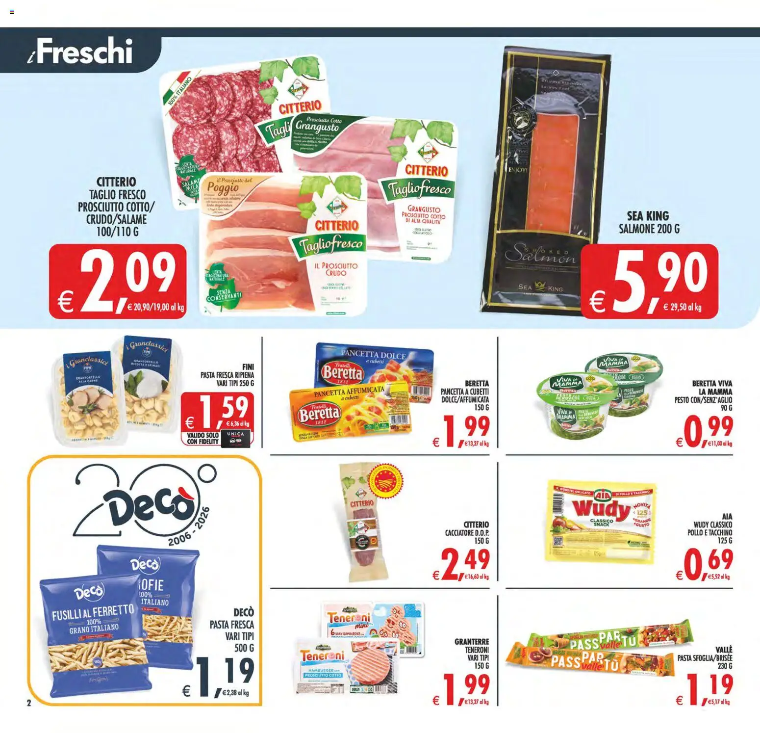 Volantino Decò del 28.04.2026 | Pagina: 2 | Prodotti: Pollo, Salmone, Prosciutto, Fusilli