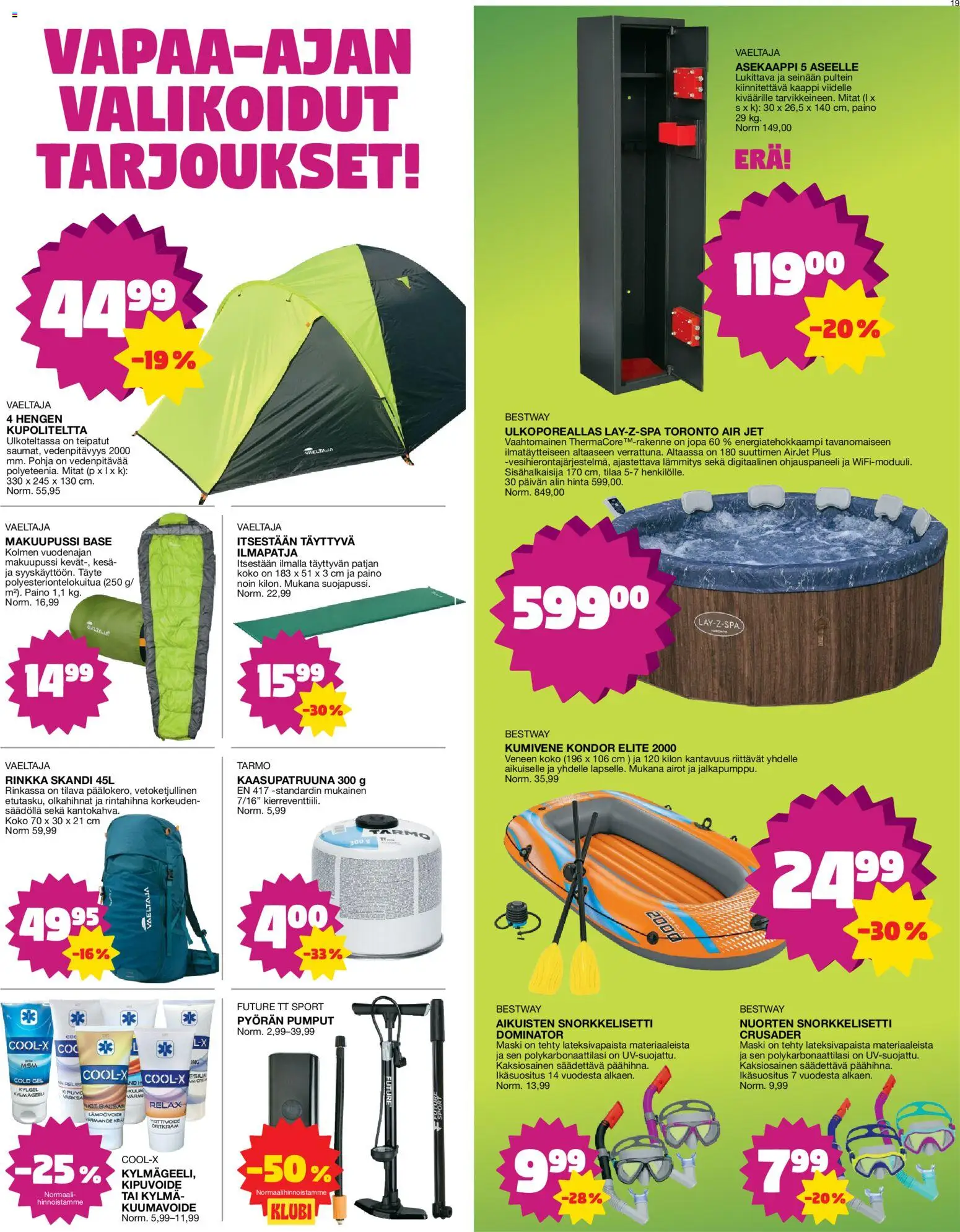 Tokmanni tarjoukset – voimassa 18.05.2026 alkaen | Sivu: 19 | Tuotteet: Ilmapatja, Rinkka, Kaappi, Kumivene