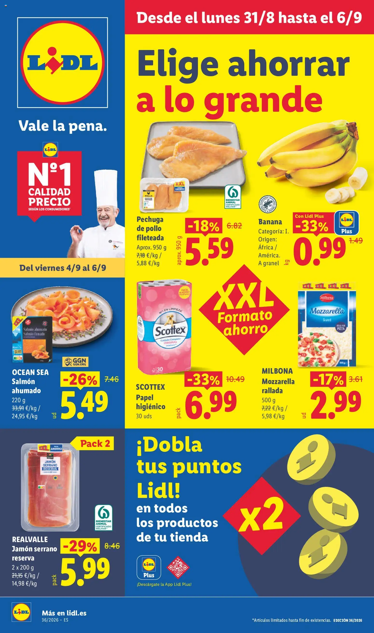Lidl folleto │ válido desde el 31/08/2026 | Página: 1 | Productos: Pechuga de pollo fileteada, Pizza, Papel higienico, Mozzarella