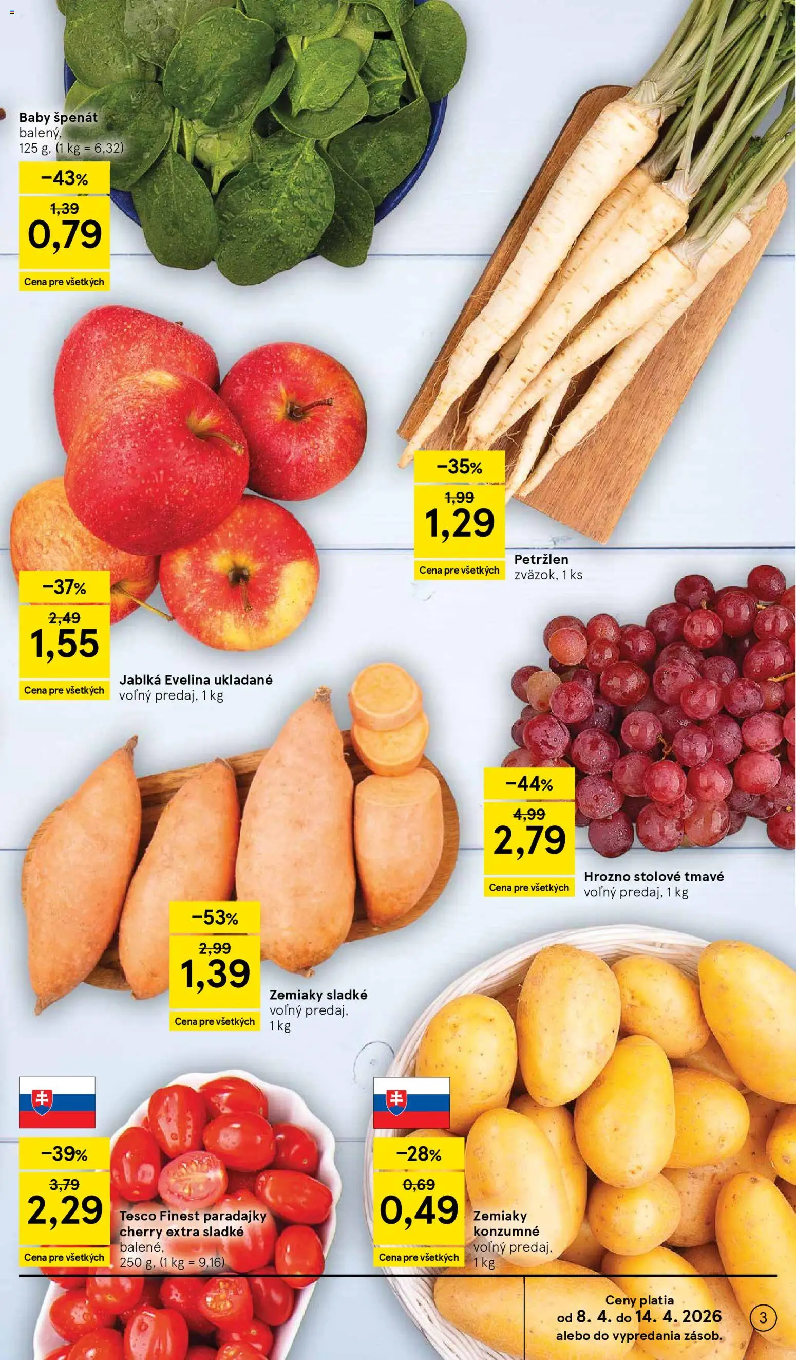 Nové Tesco akcie – leták je platný od 08.04.2026 | Strana: 3 | Produkty: Paradajky, Zemiaky, Petržlen, Hrozno
