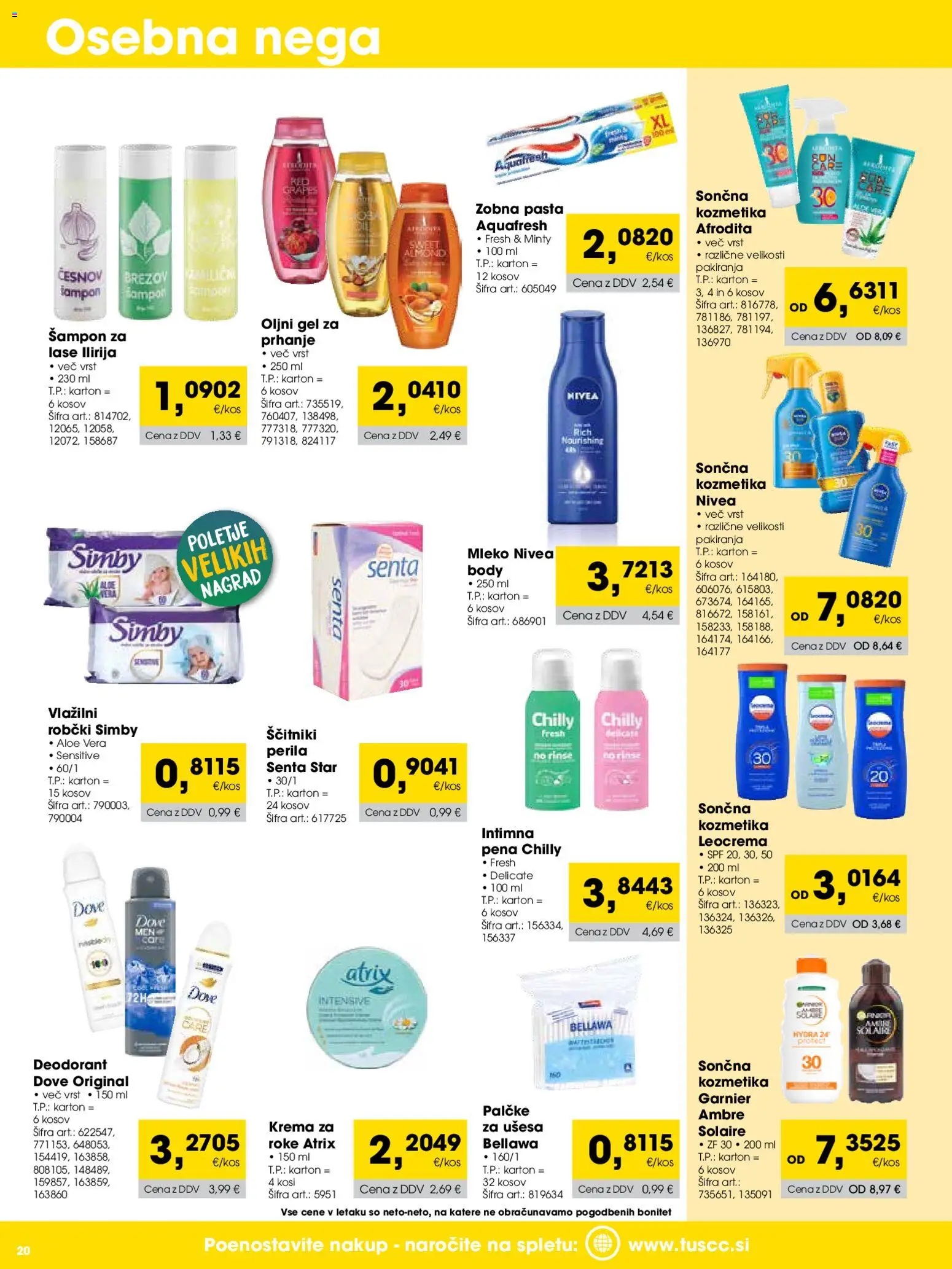 Novi Tuš katalog ponudbe – veljaven od 01.08.2026 | Stran: 20 | Izdelki: Robčki, Sampon, Krema, Zobna pasta
