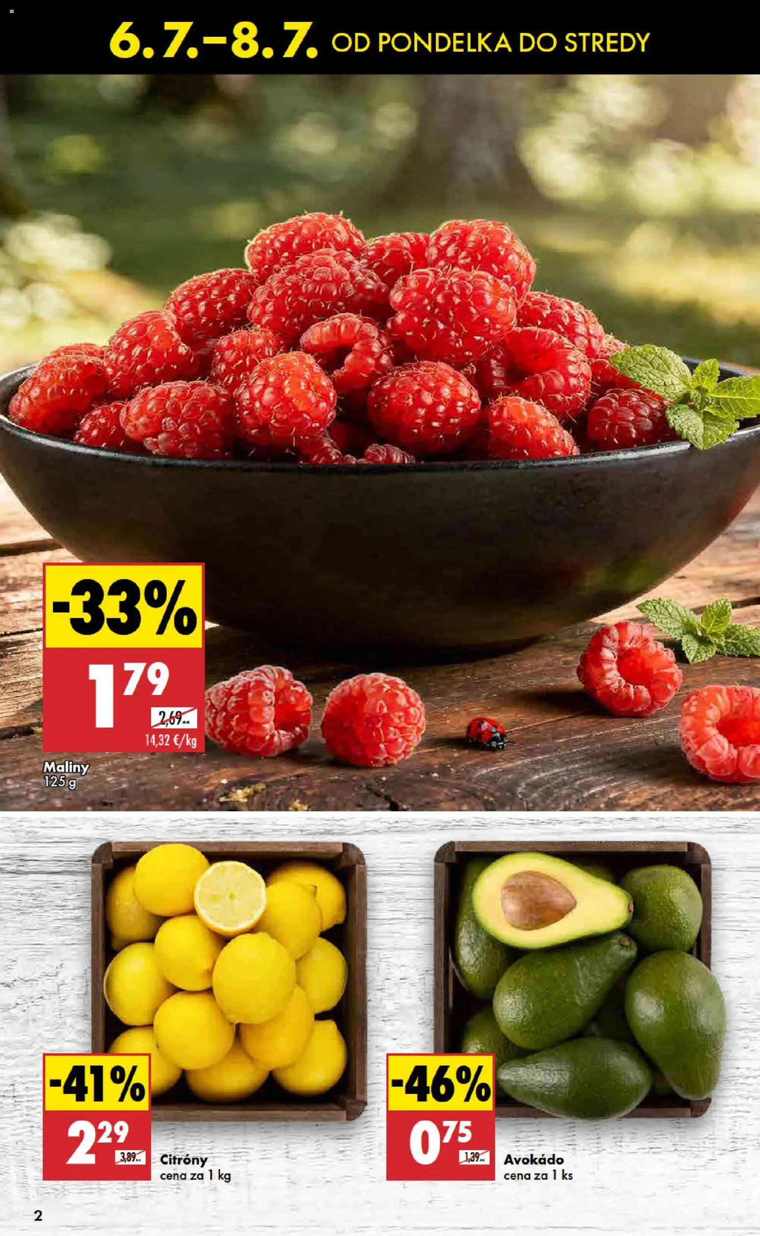 Nové Biedronka akcie – leták je platný od 06.07.2026 | Strana: 2 | Produkty: Citróny, Avokádo, Maliny