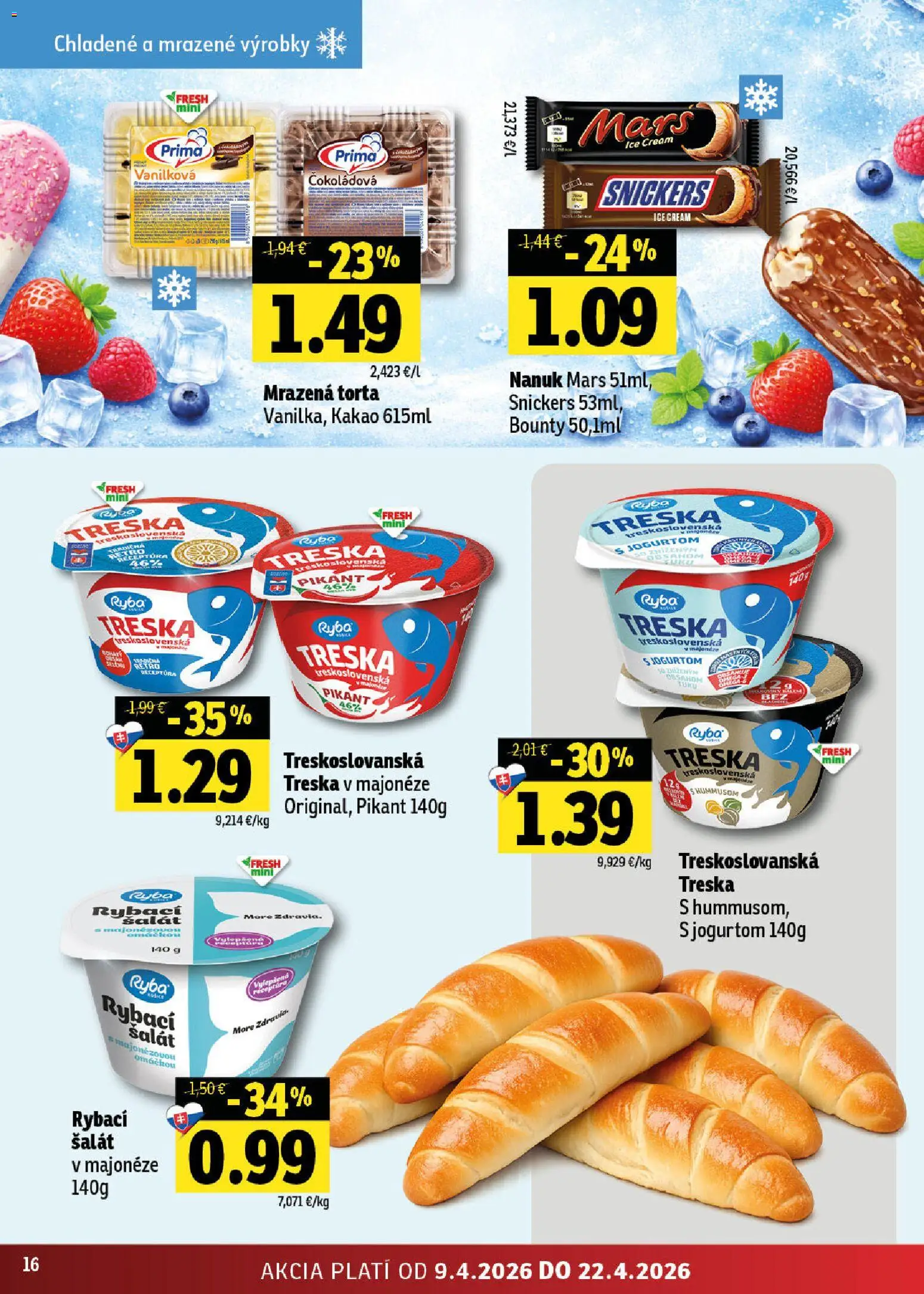Nové Fresh akcie – leták je platný od 09.04.2026 | Strana: 16 | Produkty: Torta, Ryba, Treska, Kakao