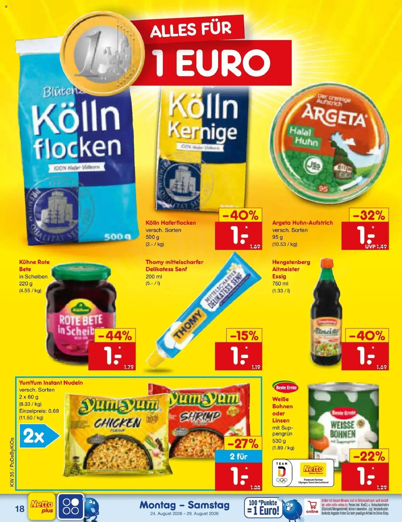 Netto Marken-Discount Prospekt Amberg (ab 24.08.2026) » Angebote | Seite: 28 | Produkte: Kolln haferflocken, SUP, Nudeln, Flocken
